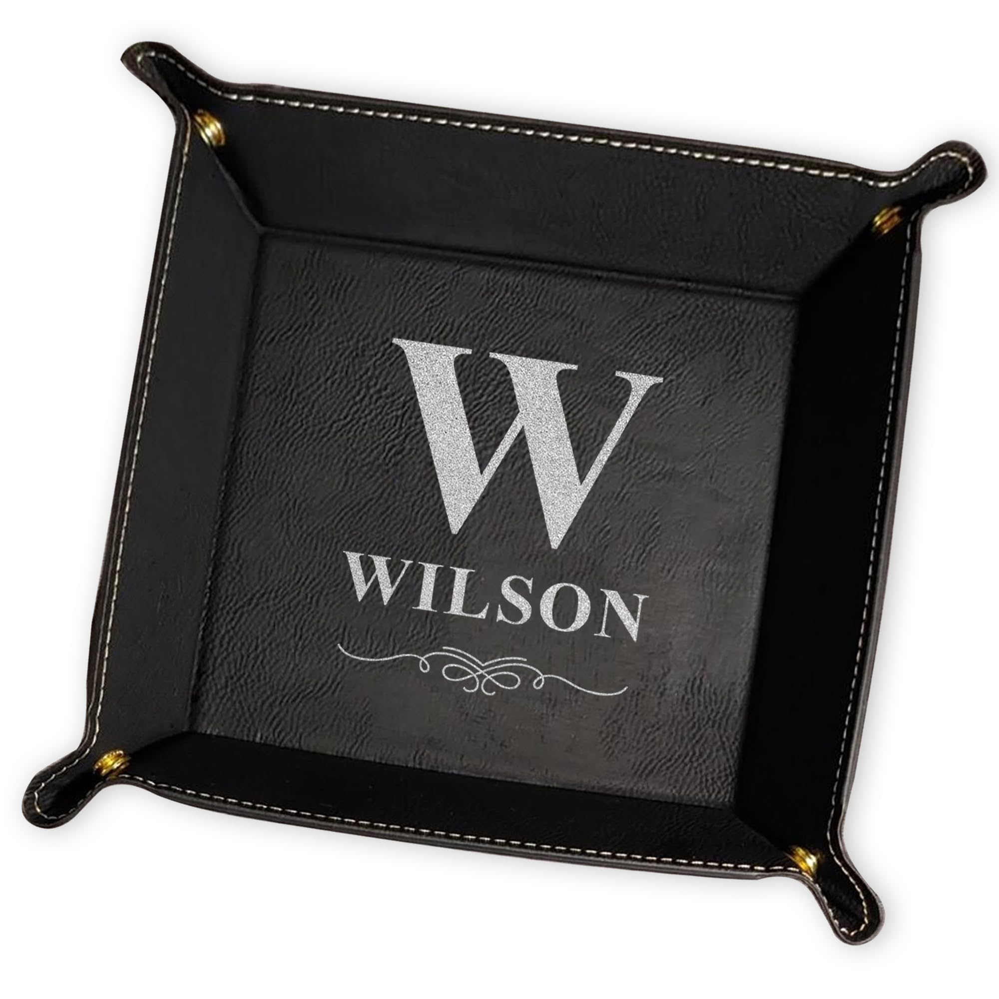 Personalised Valet Tray for Dad Gifts for Fathers Day Leather Valet Tray Organiser PU Leather Bedside Organiser for Keys Wallet Watch Best Dad Gifts from Daughter Son (Black, 15.5x15.5x4 cm)