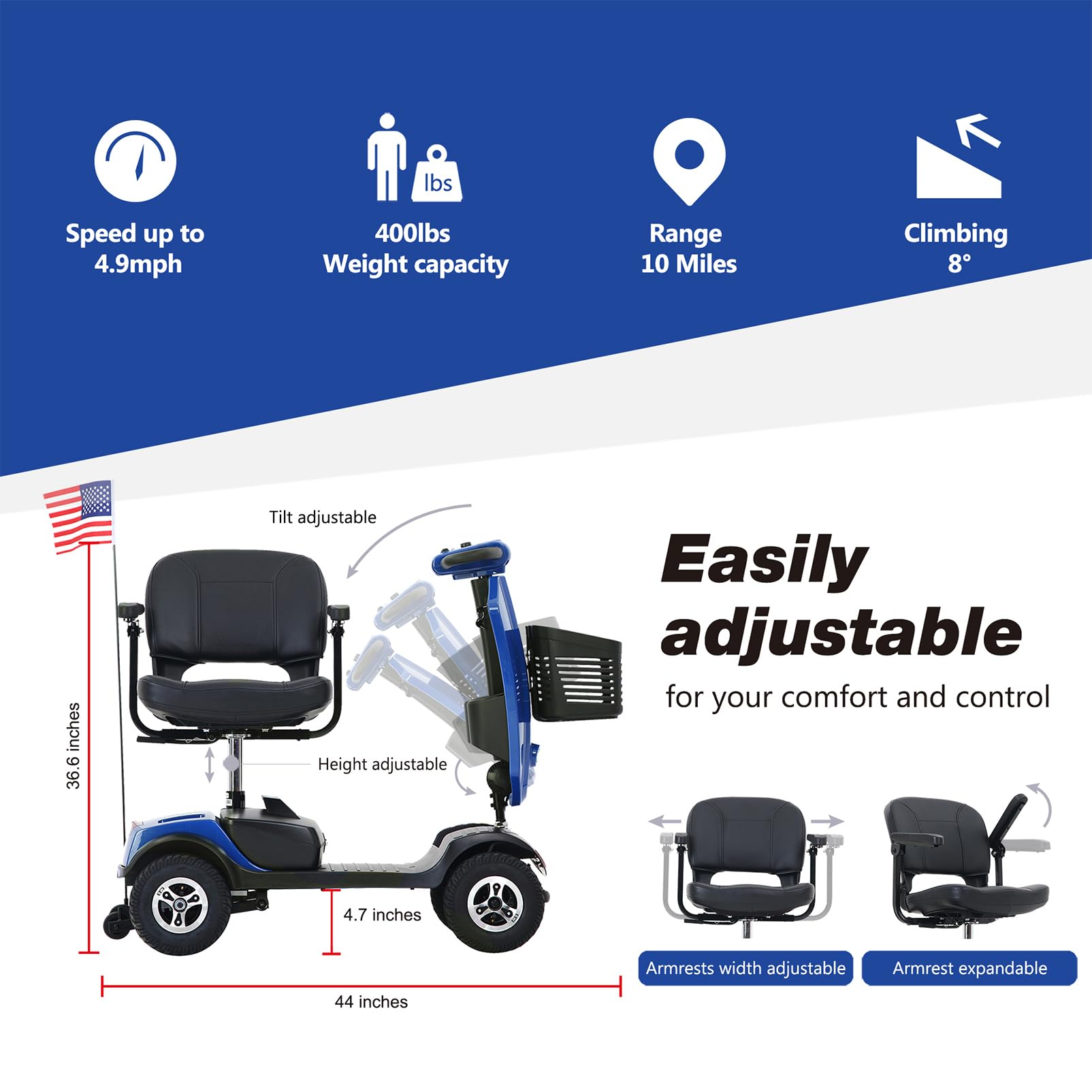 Mobility Scooters for Adults Seniors 400 lbs Foldable, Folding Power Electric Wheelchair, All Terrain Heavy Duty 4 Wheel Motorized Mobile Scooter,with Seat,LED Headlight, Cup Holder,15 Miles (Blue)
