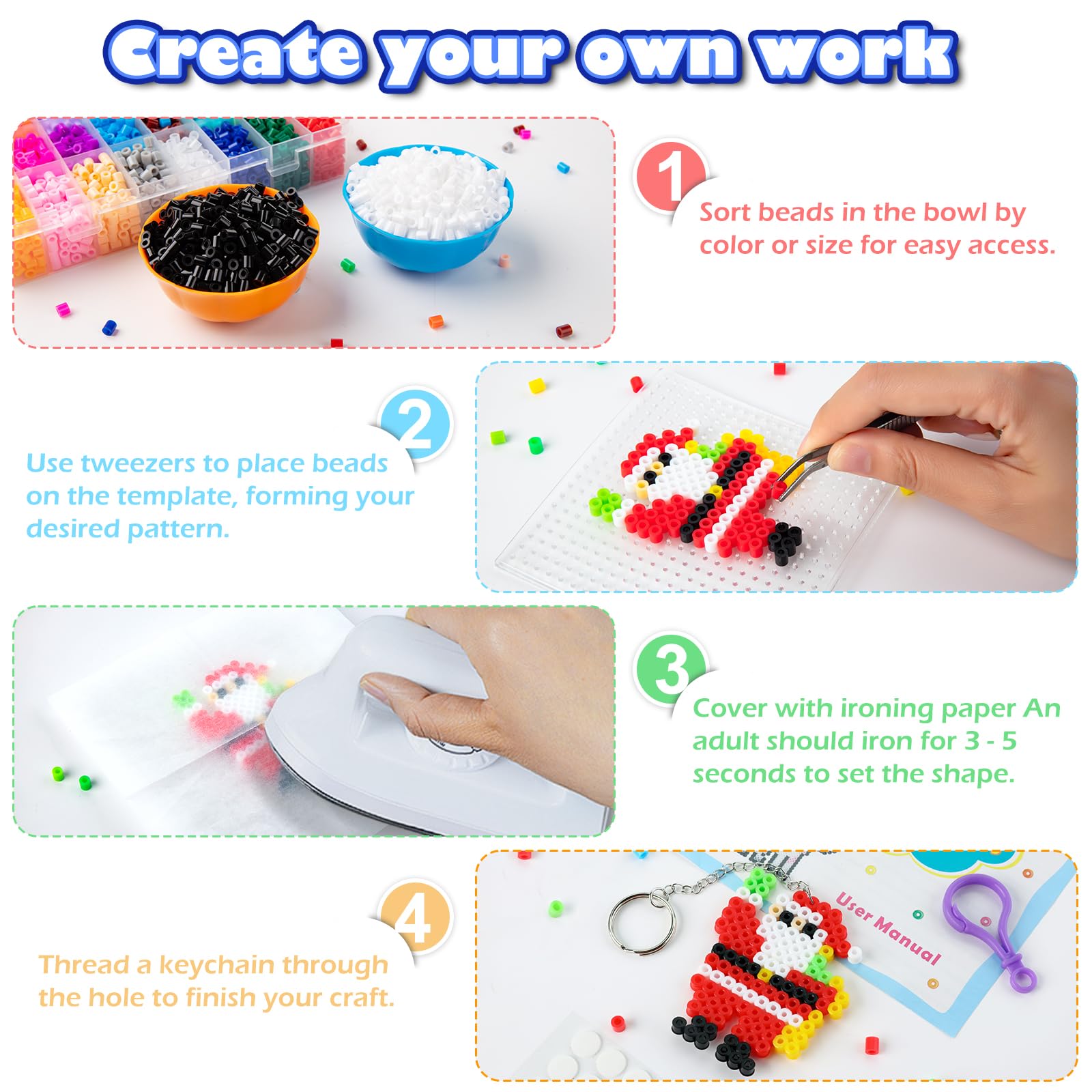 Sundaymot Kit per Creare perline da Stirare - 12.000 Perline 5mm, 26 Colori Perline, 4 Piastre Termiche, 2 Pinzette - Giocattolo Creativo per Bambini dai 6 Anni