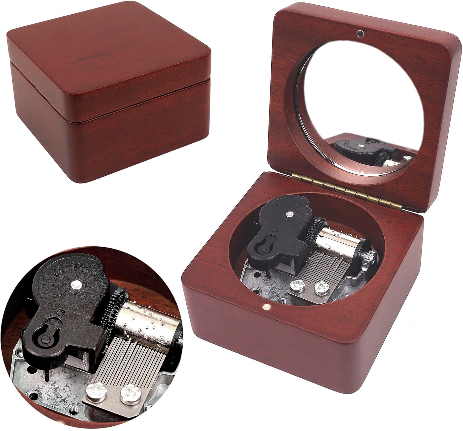 Sinzyo Music Box Carved Mini Wooden Wind Up with Mirror Musical Box Birthday,Valentine's Day(Here Comes The Sun - Red Wood)