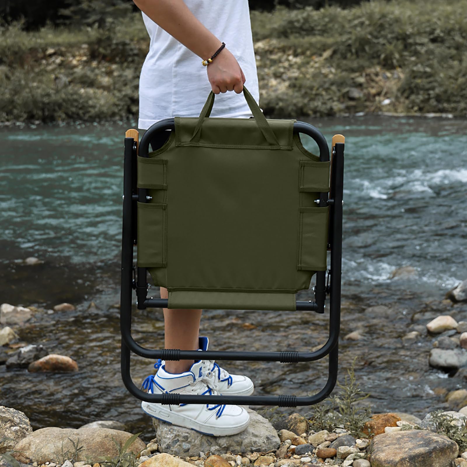 Chaise Camping Pliante, Fauteuil Pliant Camping avec Accoudoirs en Bois, Chaise de Peche pour Balcon, Pêche, Pique-Nique et Randonnée (Vert)