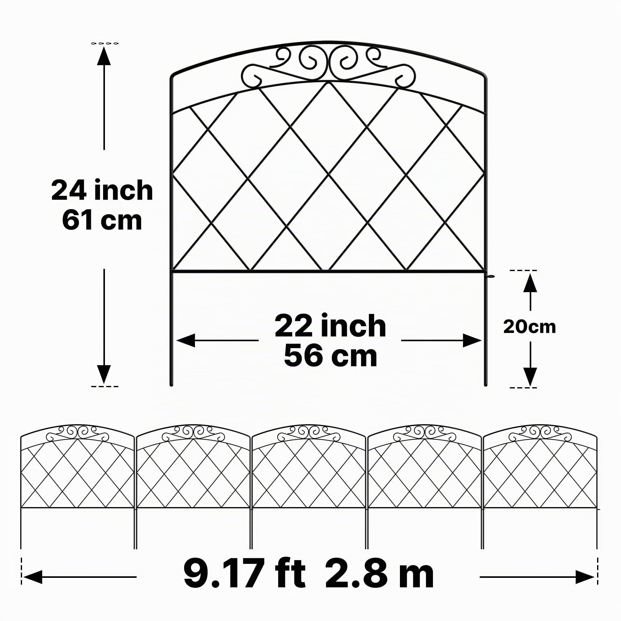 ARIFARO Recinzione da giardino 61 cm (H) x 56 cm (W) 5 pannelli recinzione decorativa in metallo, nero