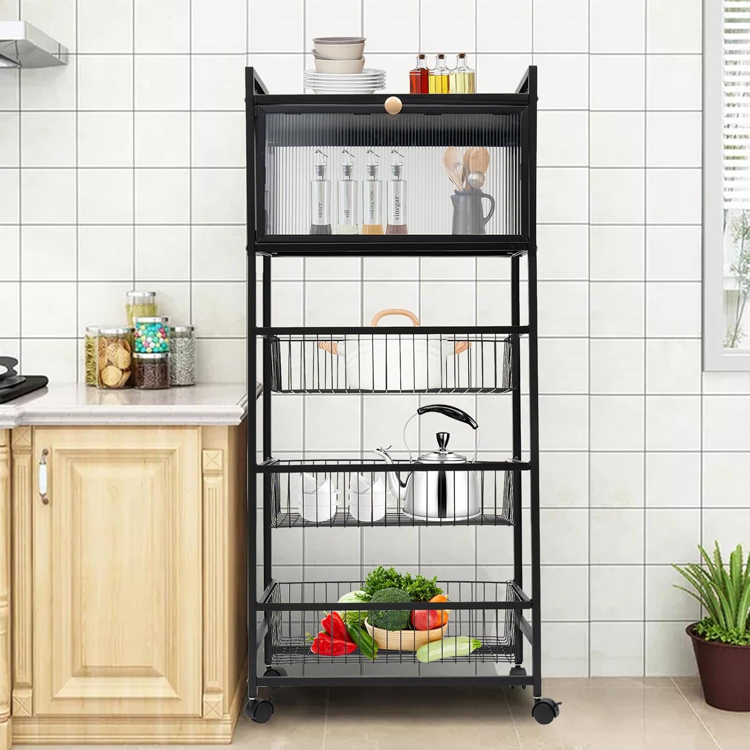 Kitchen Organizers and Storage,Standing Baker's Racks,5 Tier Kitchen Storage Rack with 2 Brakeable Casters,Kitchen Rack Microwave Stand Kitchen Cart Utility Storage Shelf Kitchen Organizer Shelves