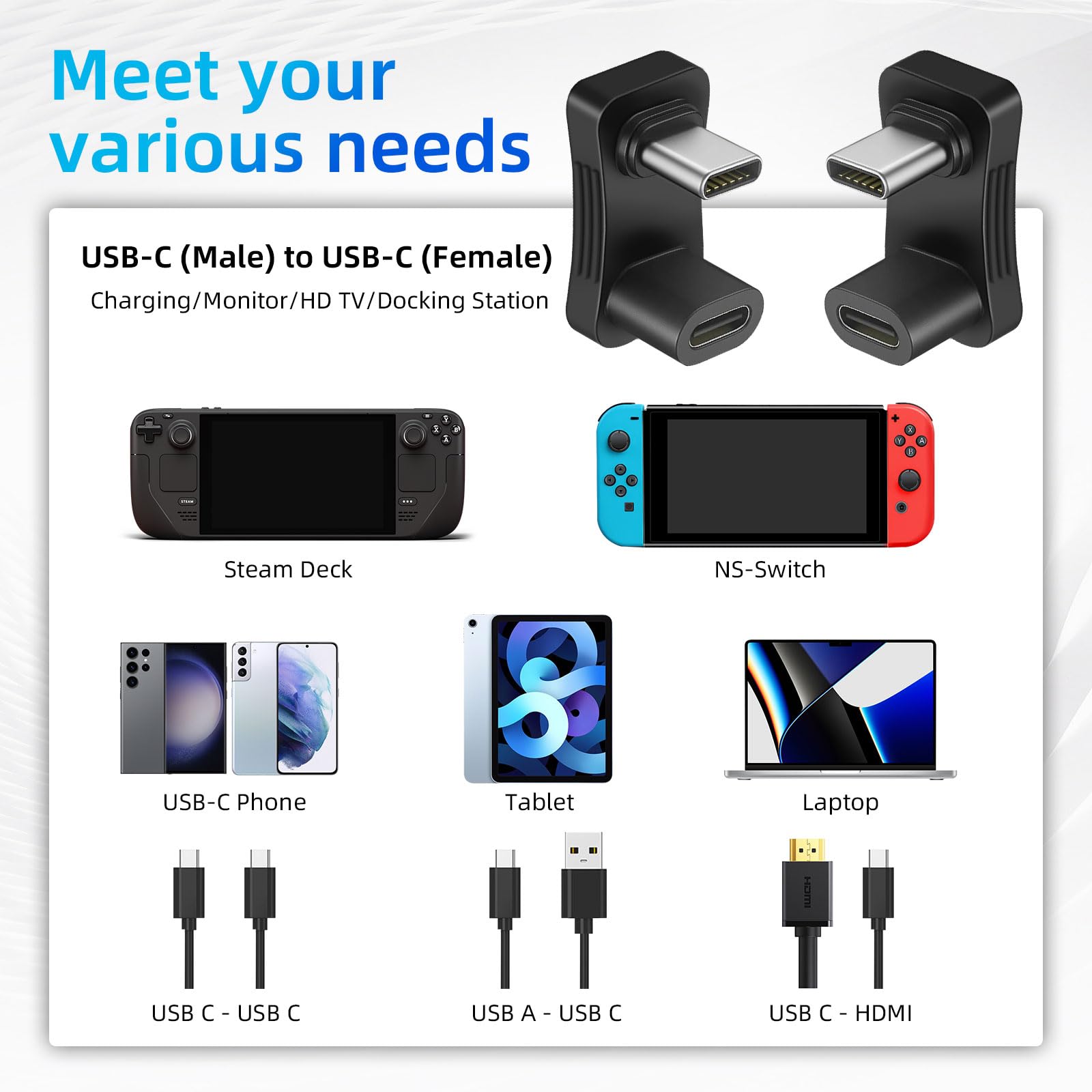 USB-C Hoekadapter 90 Graden – 3 Stuks, 40 Gbps, PD100W, 8K@60Hz, Compatibel Met IPhone 16/15, MacBook, IPad, Samsung En Meer
