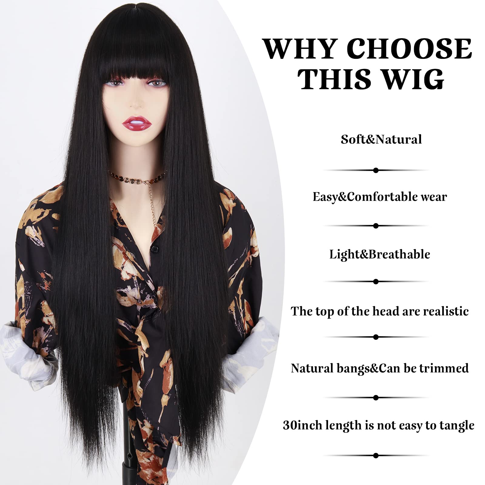 MISSQUEEN Long Straight Synthetic Wig with Bangs, Adjustable Cap