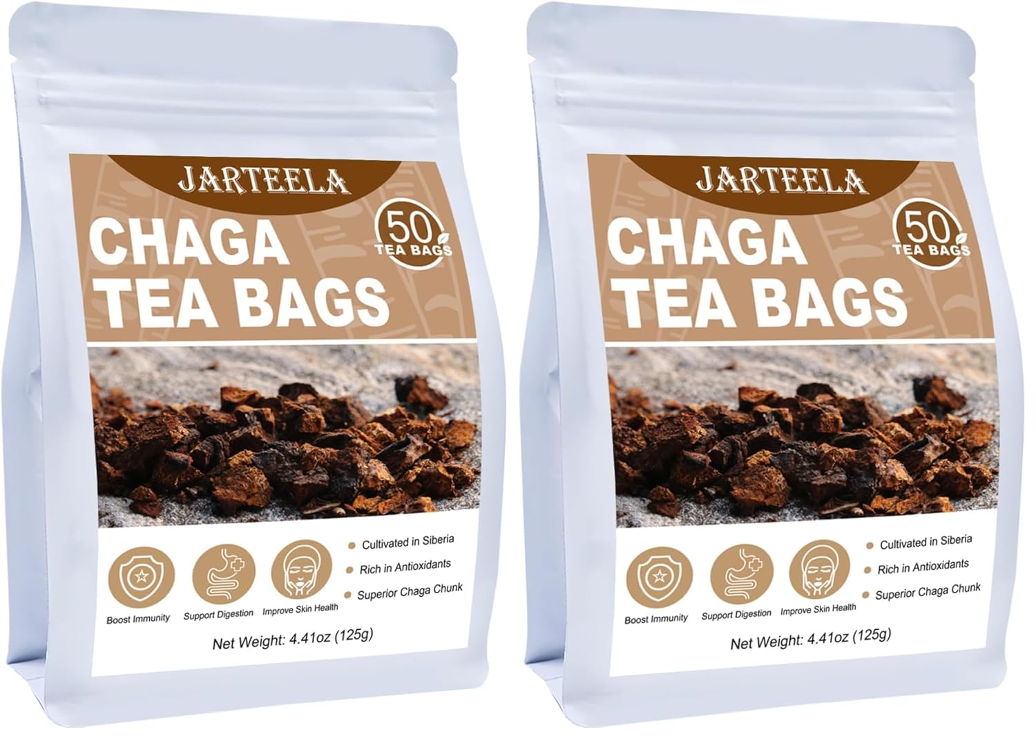 Jarteela - Chaga Tea, 50 Teabags, 2.5g/bag - Chaga Mushroom Tea Bag - Premium Herbal Tea Bags - Non-GMO - Caffein-free Tea- Improve Liver and Skin Health (Pack of 2)