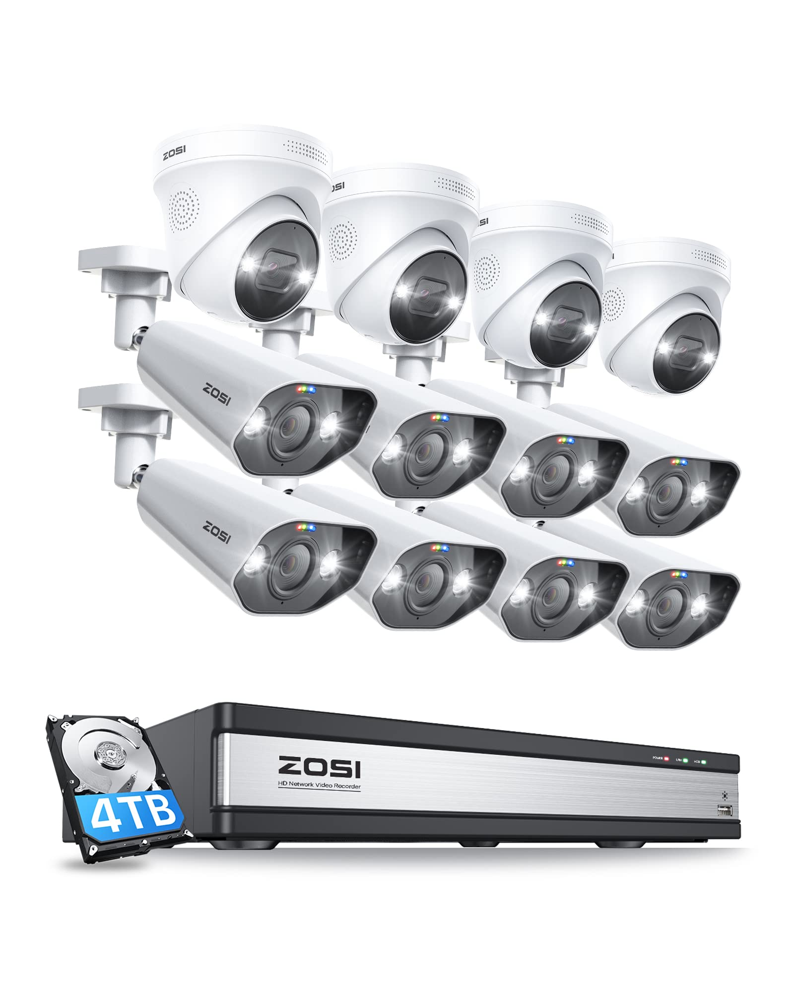 ZOSI 4K 16CH NVR PoE Kit Caméra de Surveillance avec Spotlight,12pcs 8MP Caméra PoE pour Extérieure, Détection de Personne IA, Audio Bidirectionnelle avec Sirène, 4To HDD pour 24/7 Enregistrement