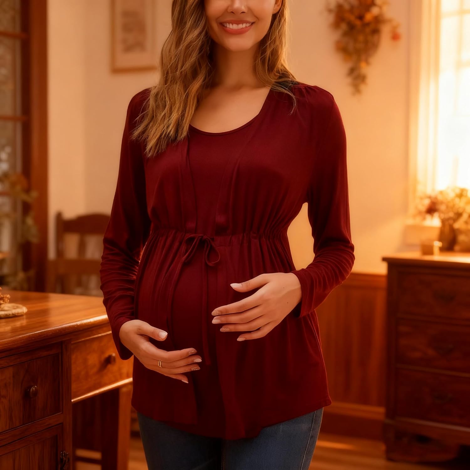 Fashionable Faux Two-Piece Maternity T-Shirt, Long-Sleeve Nursing top, Fall/Winter Style.