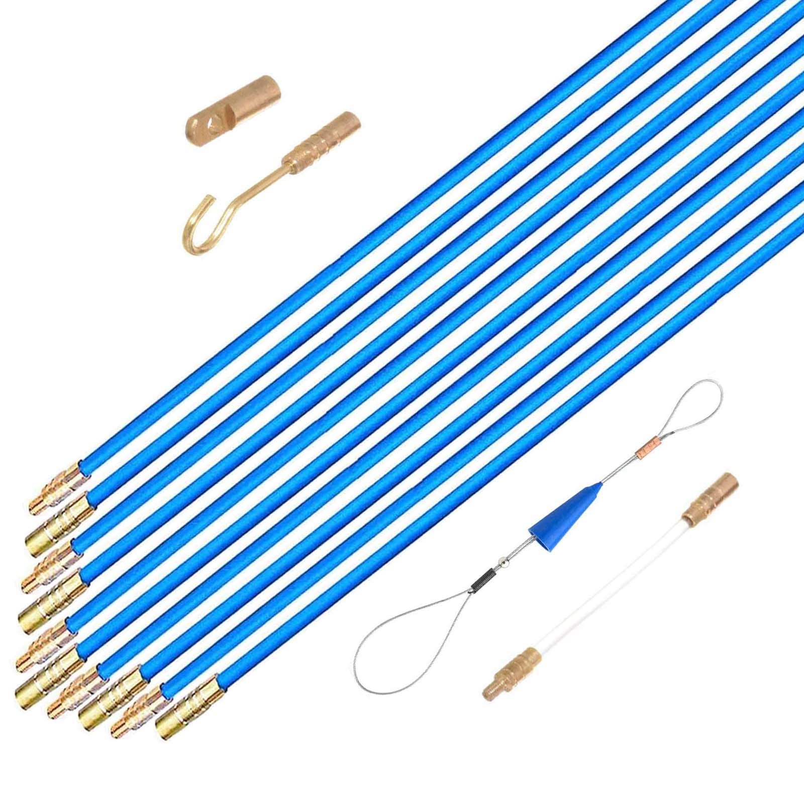 SETROVIC-UK 11' Fiberglass Electrical Connectable Fish Tape Pull Kit, Cable Rod Set with Hook and Hole Kit in Transparent Tube (Blue, 10Rods x 33cm)