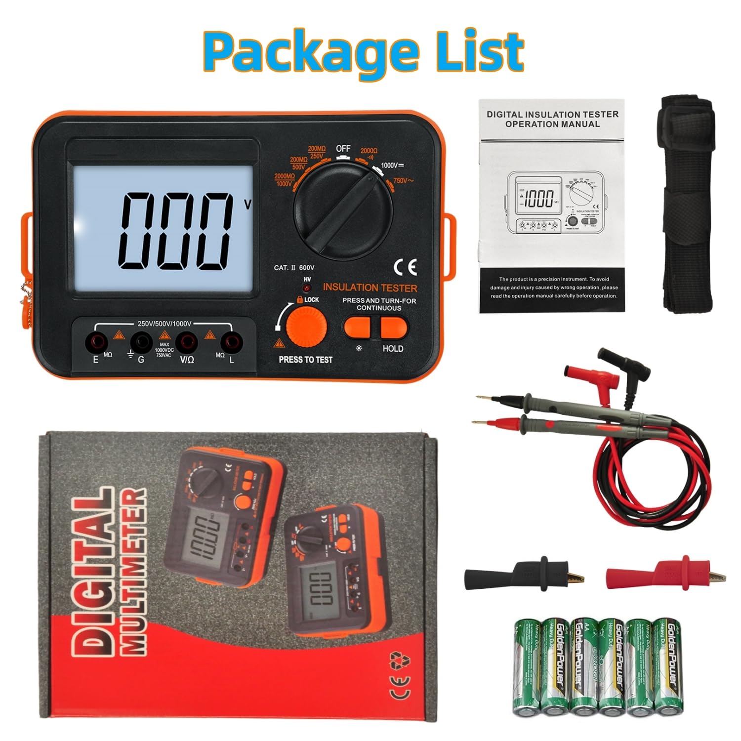 Mégaohmmètre, Testeur de résistance d'isolement numérique WapoRich 2000 MΩ avec tensions de test DC 250 V/50 V/1000 V, AC 750 V