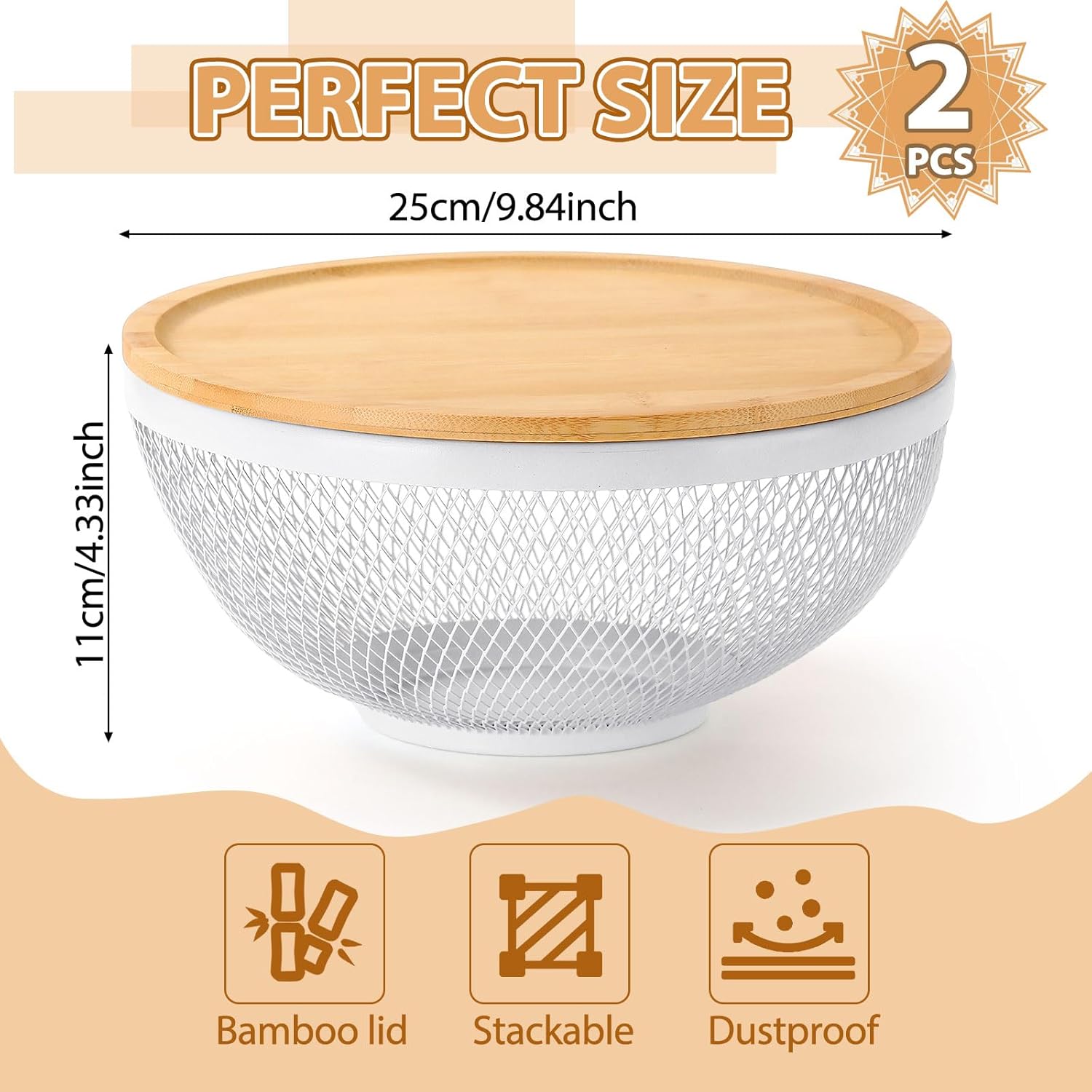 2 Pack Mesh Fruit Basket with Lids 9.8" Stackable Baskets with Bamboo Lid Fruits Holder for Kitchen Countertop Fruit Bowl with Lid Versatile Produce Storage (White)