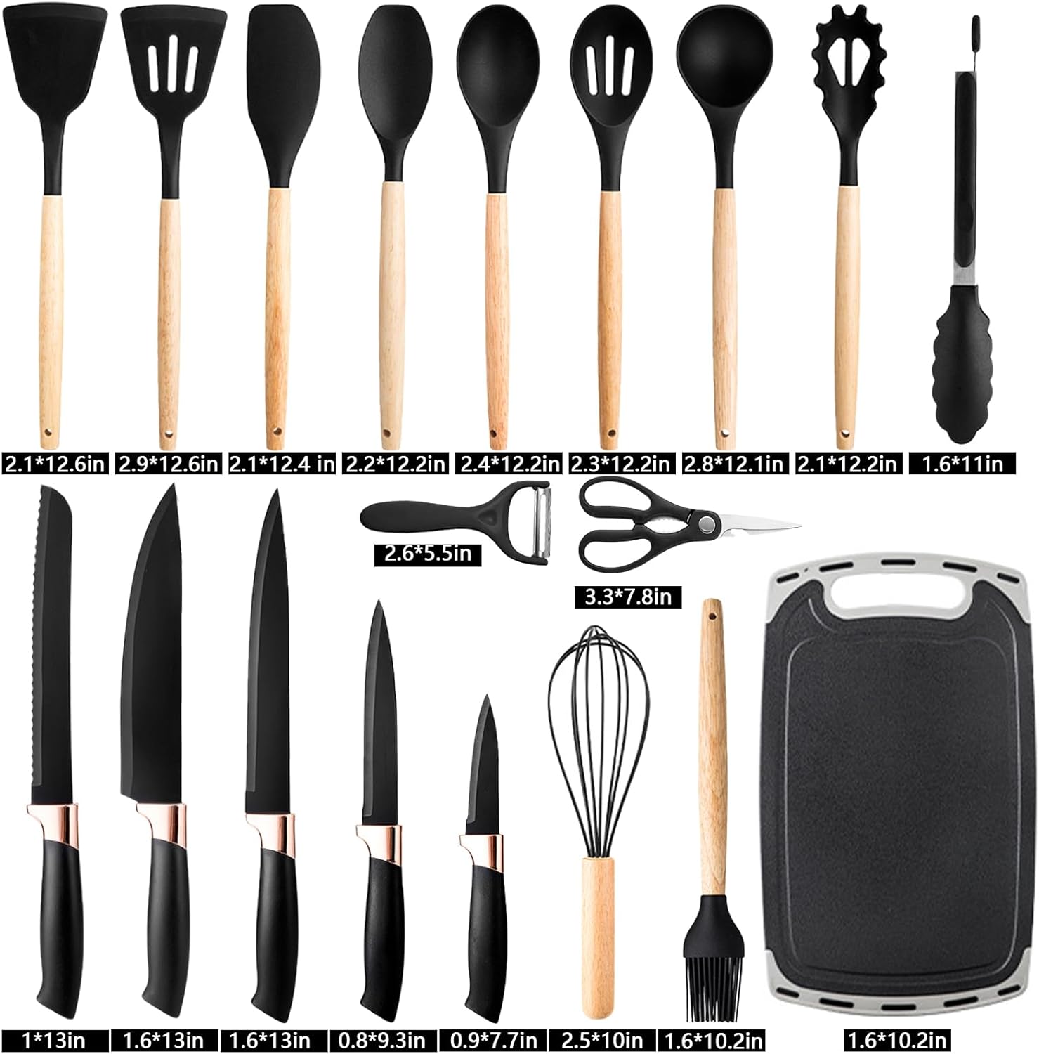 Kitchen Utensil Set,20 Pieces Kitchen Stainless Steel Knives Set Silicone Cooking Utensil with Wooden Handles,Home Kitchenware Accessories Cookware with Stand Block (Black)
