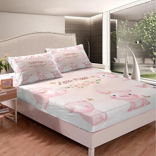 Miniatura 3 de Erosebridal Sábanas de cama de cerdo de dibujos animados, sábana bajera ajustable de animales de tamaño individual, lindos cerdos y mariposas, ropa
