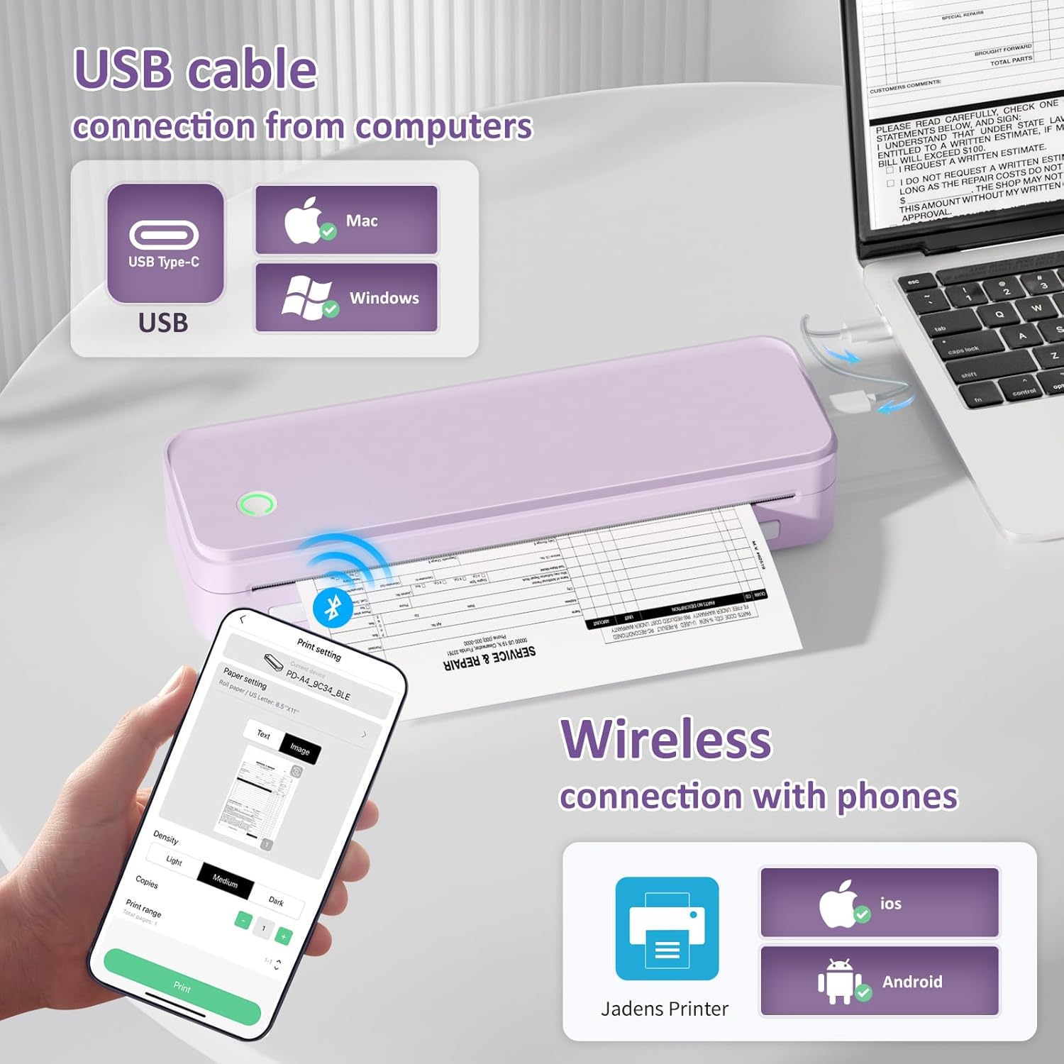 purple inkless portable printer with thermal paper rolls