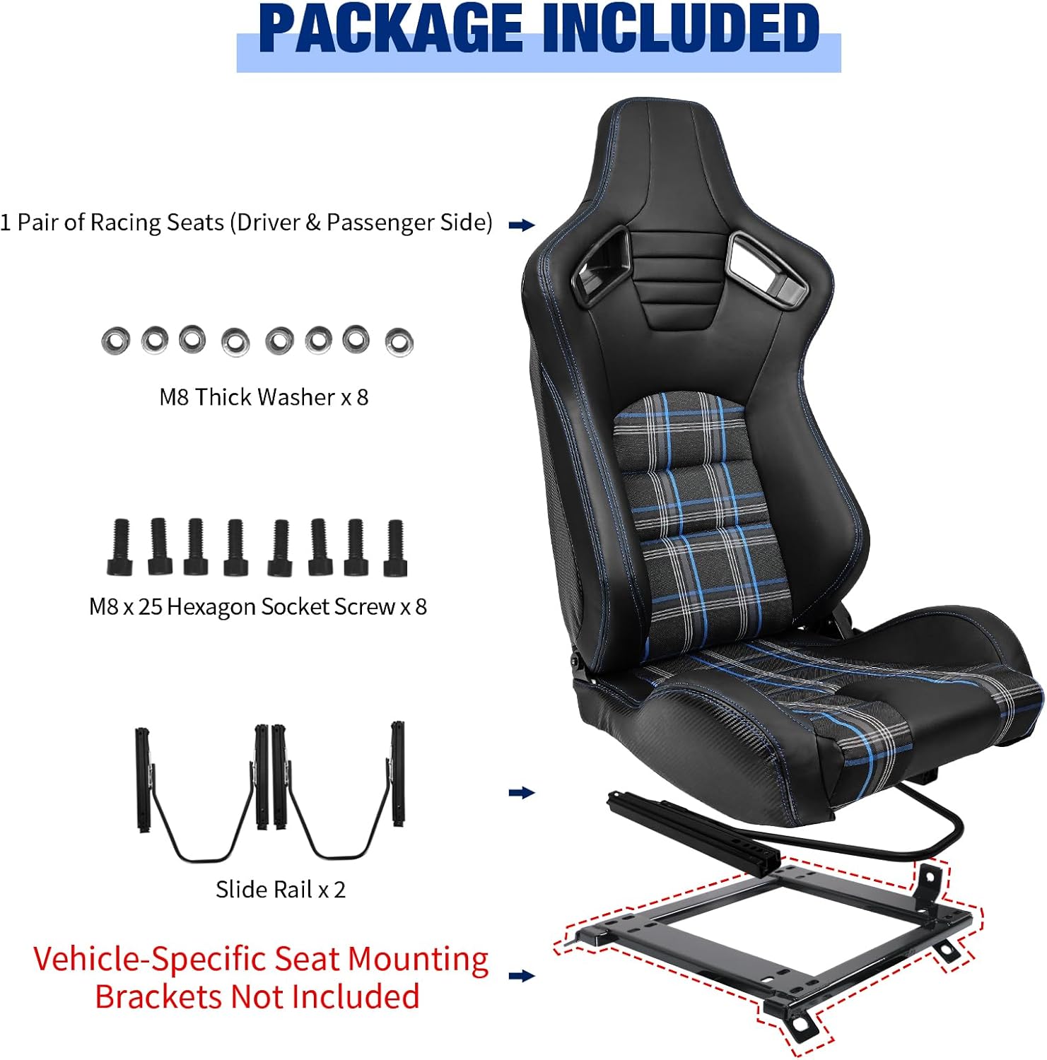FREEMOTOR802 Racing Seats with Dual Lock Sliders, Universal For Most Cars Vehicles First Row, 1 Pair Reclinable Sport Bucket Seats, PU Plaid Fabric Carbon Fiber Look Leatherette, Black Blue