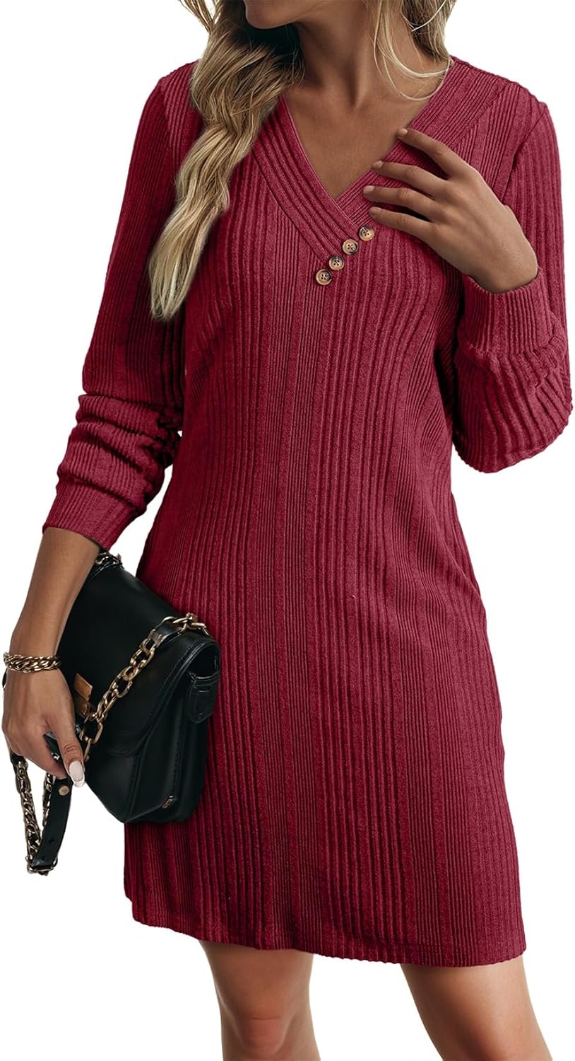 BLENCOT Womens Casual Knit Sweater Dress Long Sleeve V Neck Button Stretch Tunic Fall Knee Length Dresses Pockets