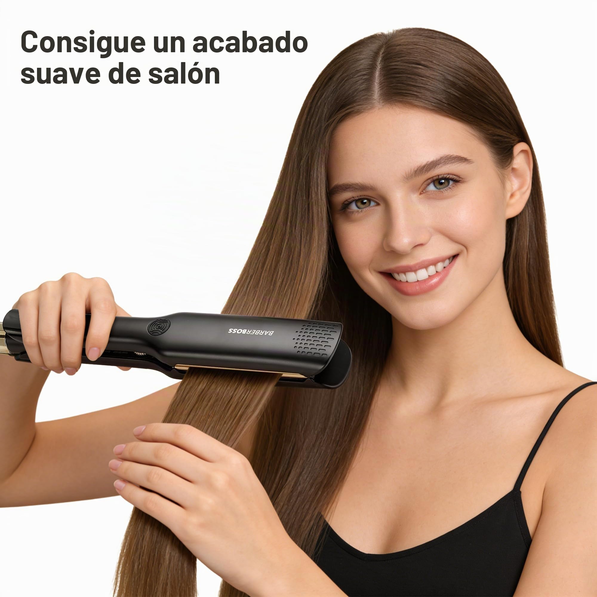 BarberBoss Alisador, placas flotantes de cerámica, tratamiento iónico y queratina para cabello liso y sin encrespamiento, plancha profesional a temperatura ajustable (QR-8422, Negro)