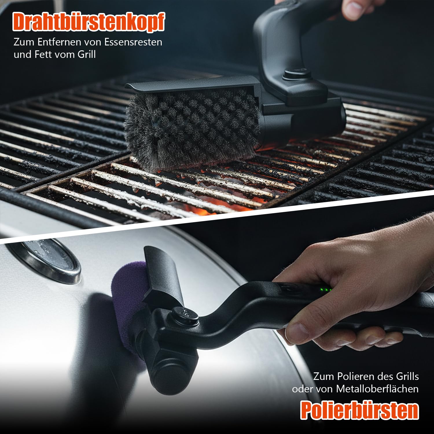 Elektrische Grillbürste：Akku-Betrieben, 180° Verstellbarem Winkel, 3-Stufen Reinigung, Edelstahl-Bürstenkopf, 90 Min Laufzeit, für Gasgrill, Holzkohlegrill, Kugelgrill, Elektrogrill und Grillrost