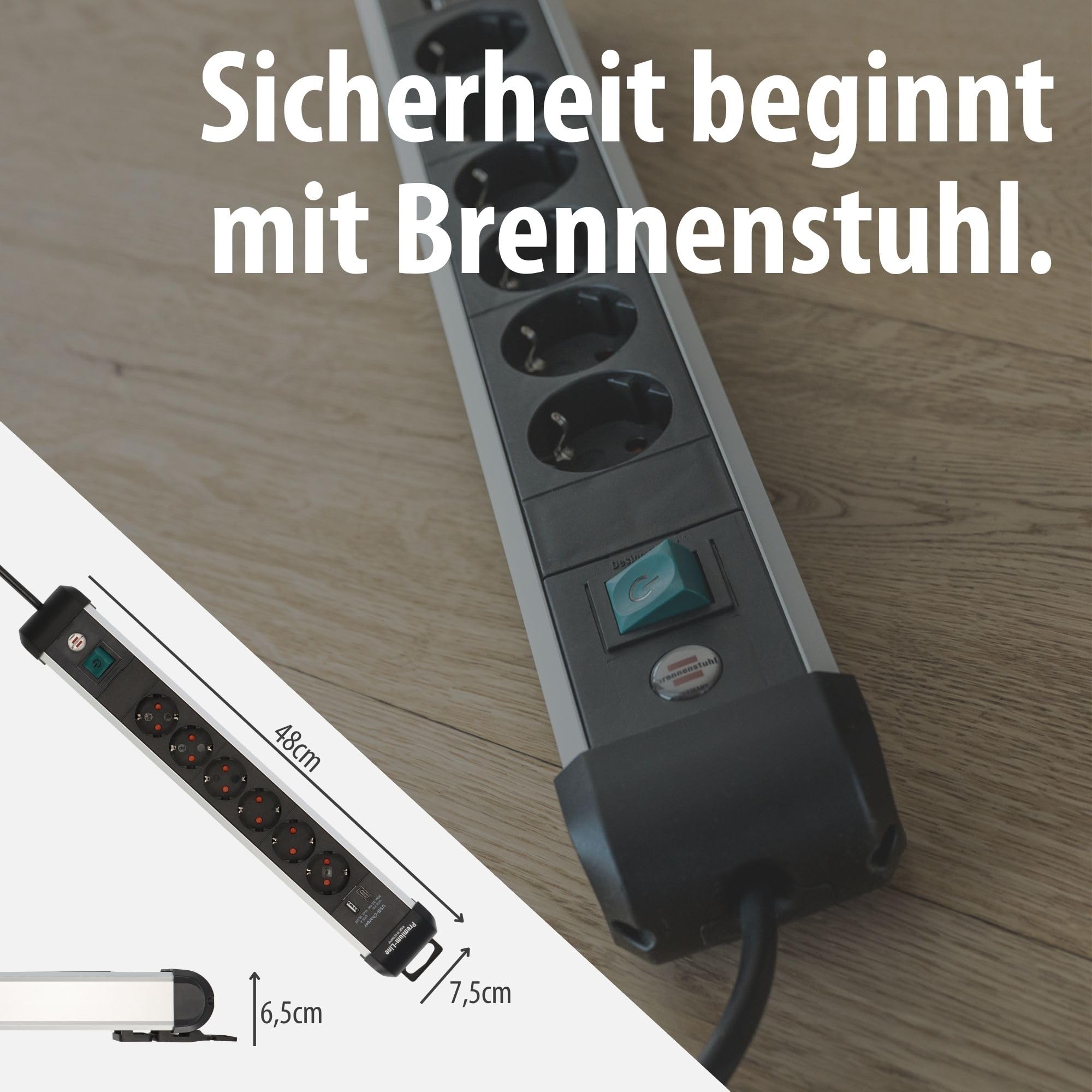 Brennenstuhl Premium-Alu-Line Steckdosenleiste 6-Fach mit USB C, 3m | Mit USB C PD 30W und USB A 18W aus Aluminium, Made in Germany, Mehrfachsteckdose mit Schalter, Steckerleiste zur Wandmontage