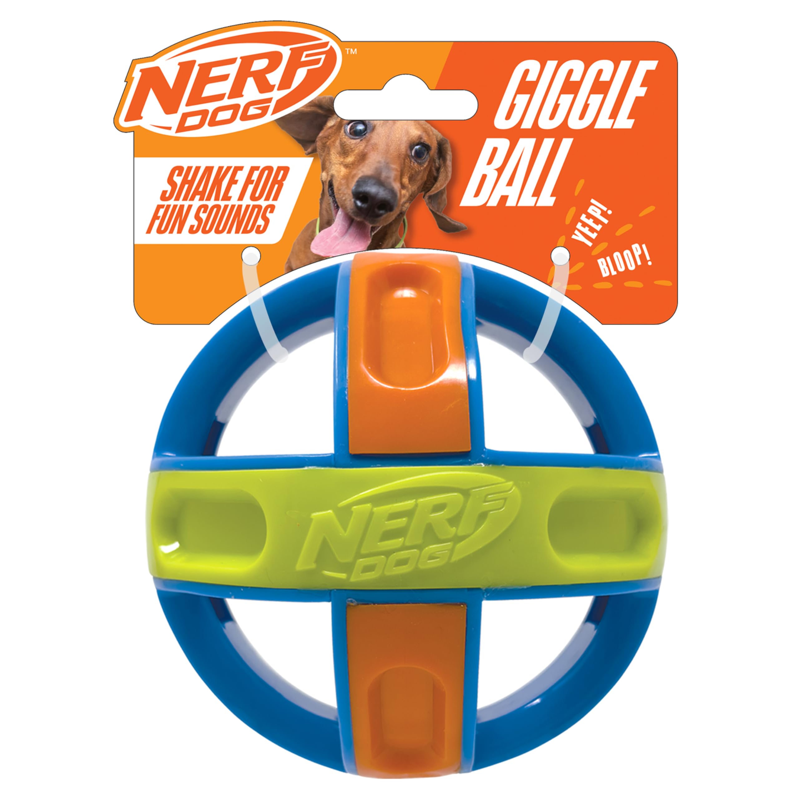 Nerf Dog Giggle Ball Interactive Squeaker Toy, 5-Inch Durable Dog Ball, Blue/Green/Orange