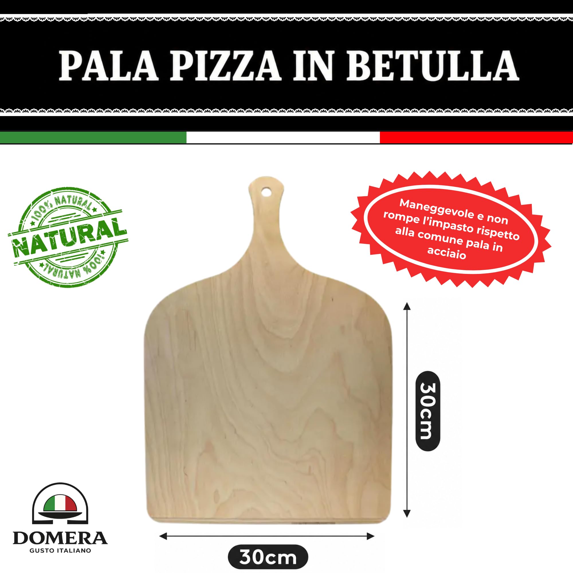 Domera - Pietra Refrattaria per Pizza - Antiaderente - Pietra Refrattaria per Barbecue in Cordierite + Pala in Legno Per Pizza Carne Pesce e Verdure Fino a 900° - 38x30 cm