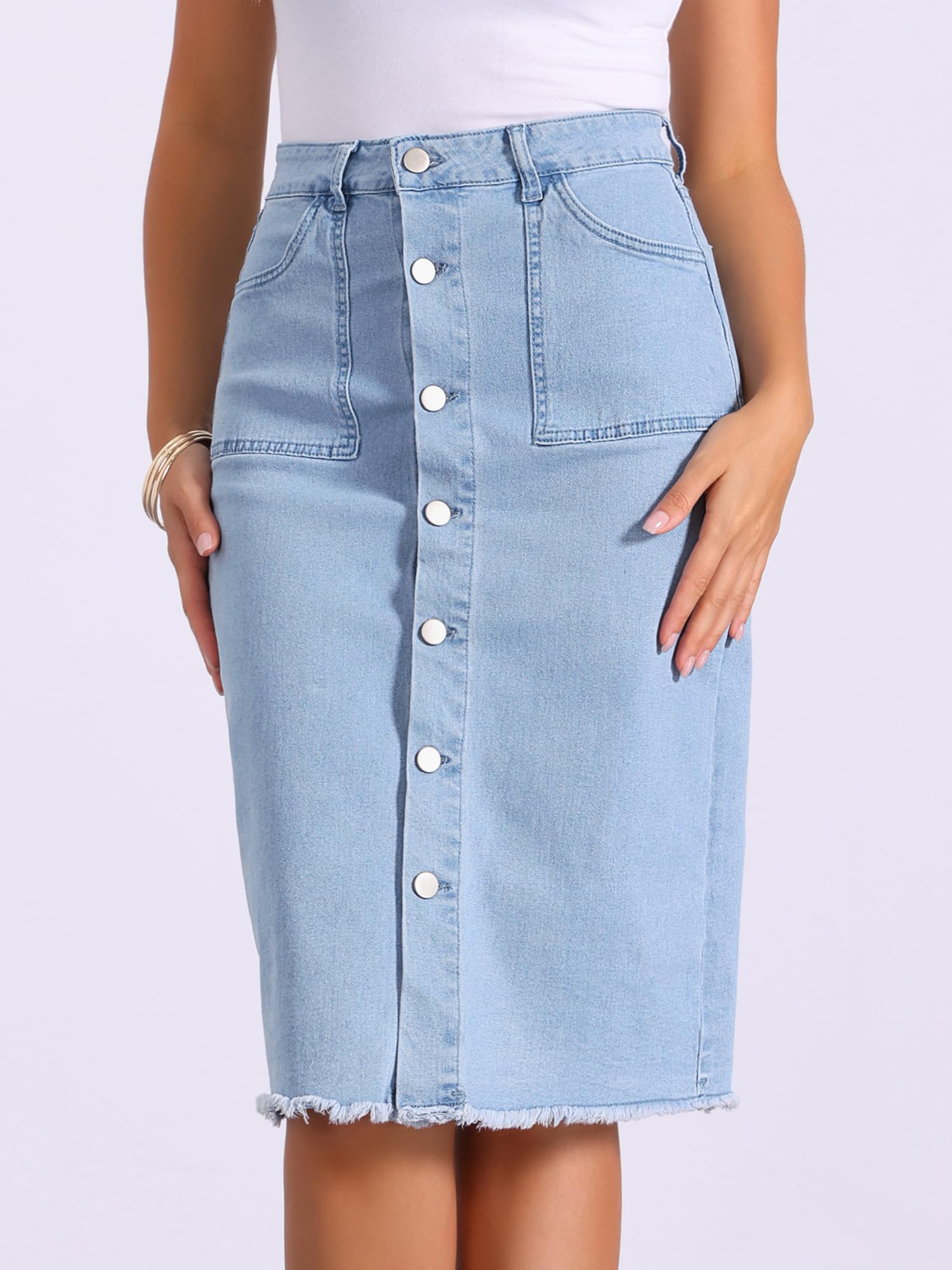 Allegra K Donna Gonna Midi in Denim Vita Alta con Tasche Casual | Chiusura con Bottoni Anteriori Orlo Sfrangiato Silhouette Versatile per Uso Quotidiano Ideale per Uscite