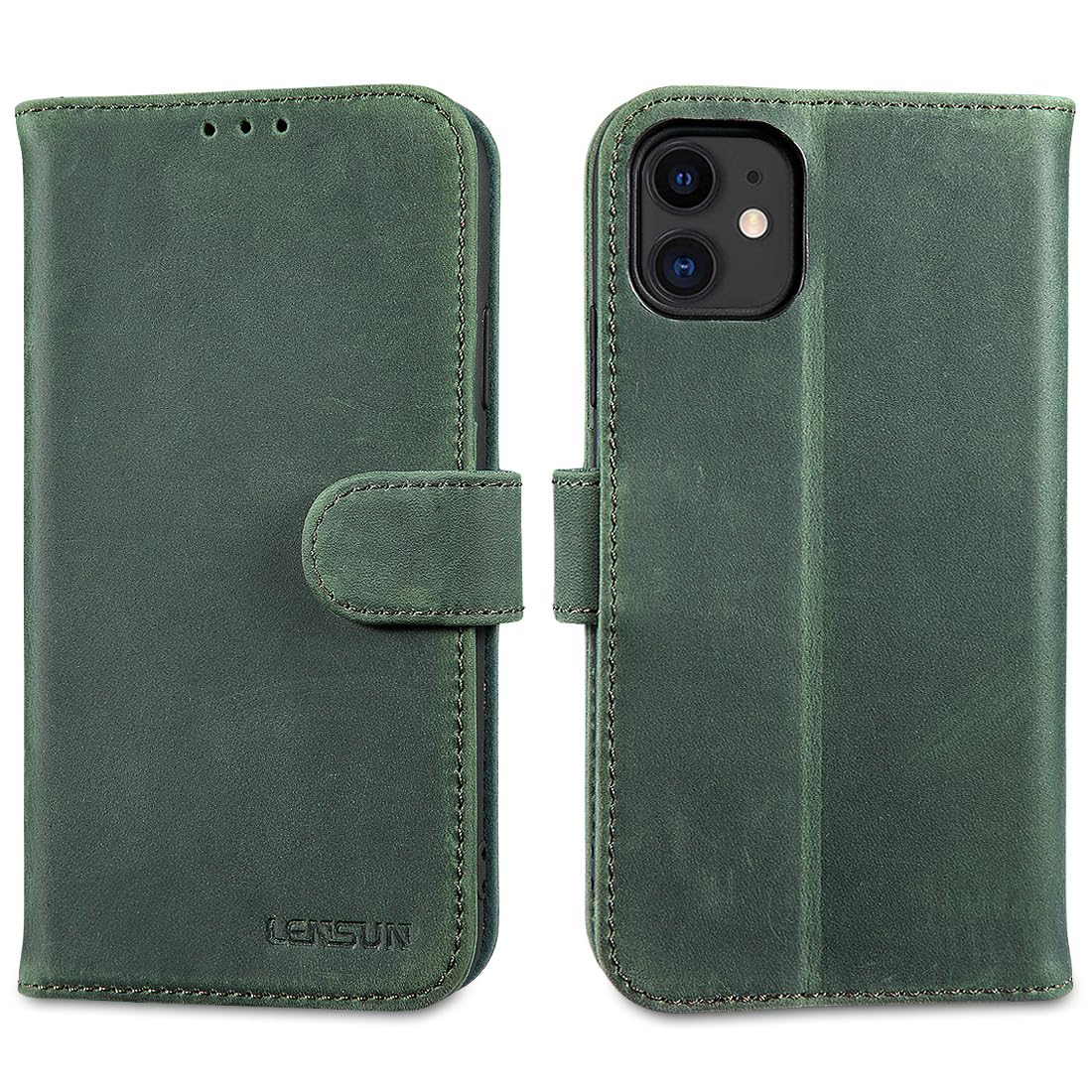 LENSUN Lederhülle für iPhone 11, Handyhülle [Echtes Leder][Wallet Fach][RFID Schutz] Leather Hülle Echtleder Handytasche Kompatibel mit Apple iPhone 11 - Retro Grün