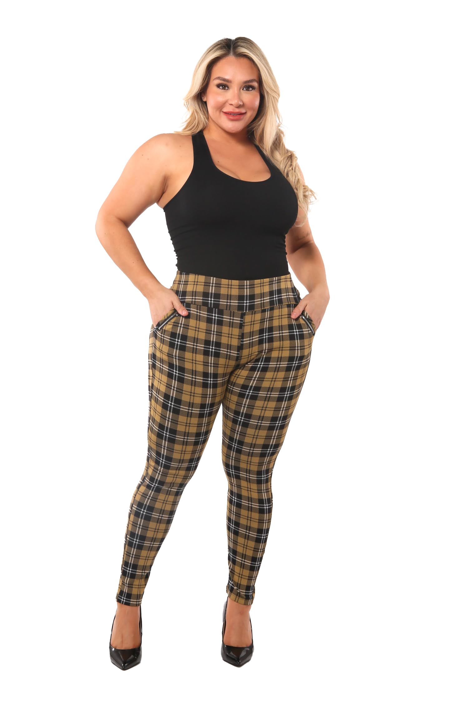 ShoSho Womens Plus Size High Waist Skinny Pants Office Trousers W Zipper Pocket Trim Plaid Print Yellow Black