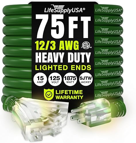 LifeSupplyUSA - Cable de extensión de alimentación de 75 pies para exteriores e interiores, impermeable, 3 salidas, SJTW, calibre 12, 15 amperios,