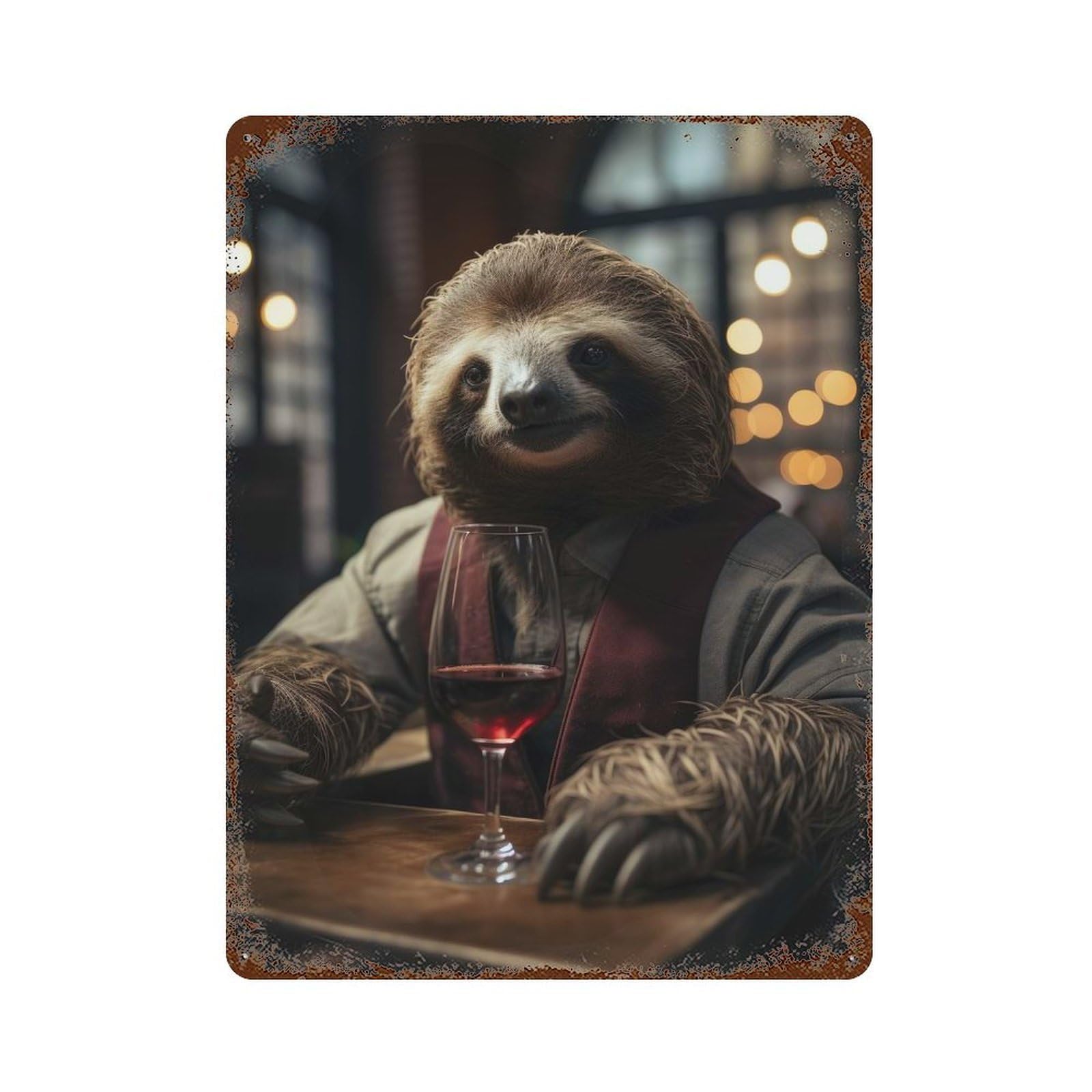 Vintage Metal Tin Sign Wine Sloth 15.7"x11.8", Industrial Home Decor for Farmhouse, Kitchen And Entryway Decor
