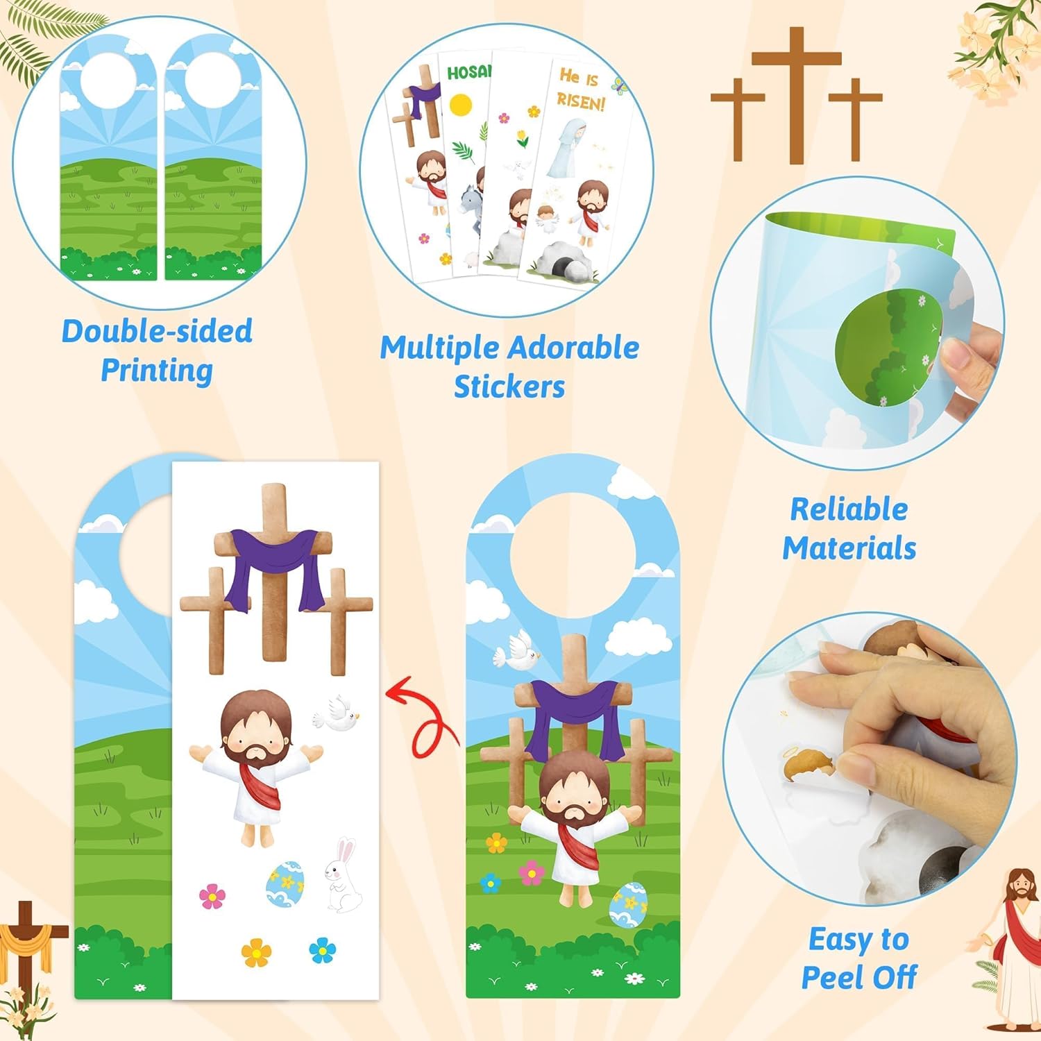 JAPBOR Easter Religious Sticker Craft Kit - 48PCS Make He Lives Jesus Scenes Doorknob Hanger Crafting for Kids Children, DIY Christian Resurrection Door Knob Art Project for Classroom Sunday School
