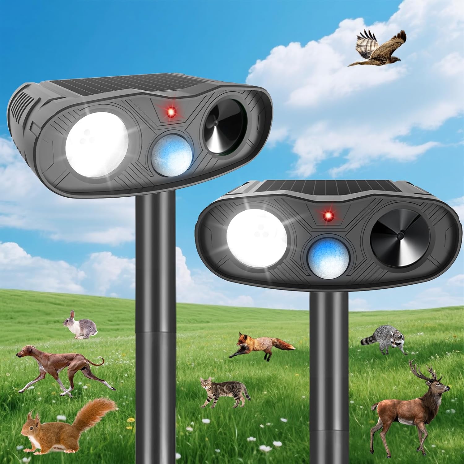 Ultrasonic Animal Repellent Outdoor Deer Repellent Devices, 2Pack Solar Animal Repeller with Motion Detection Cat Squirrel Dog Repellent Deterrent with LED Flash Lights for Yard (Black) 251113 (2)
