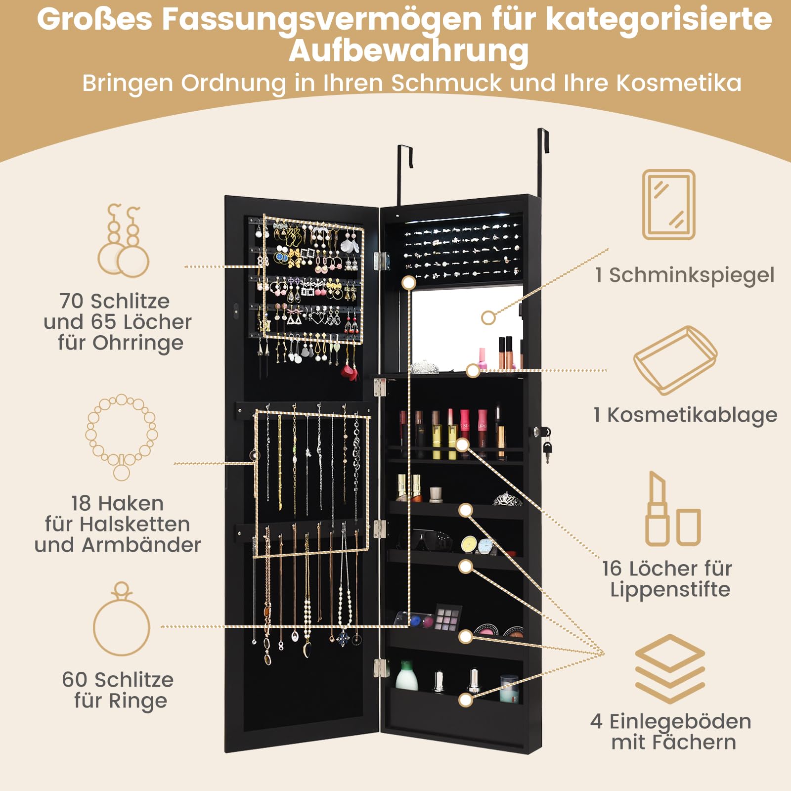 RELAX4LIFE Schmuckschrank mit Spiegels, Spiegelschrank mit Automatischen LEDs & Klappbarer Ablage, Schmuckorganizer für Ohrringe Armband Kosmetik, Hängend & Abschließbar, Tür- & Wandmontage (Schwarz)