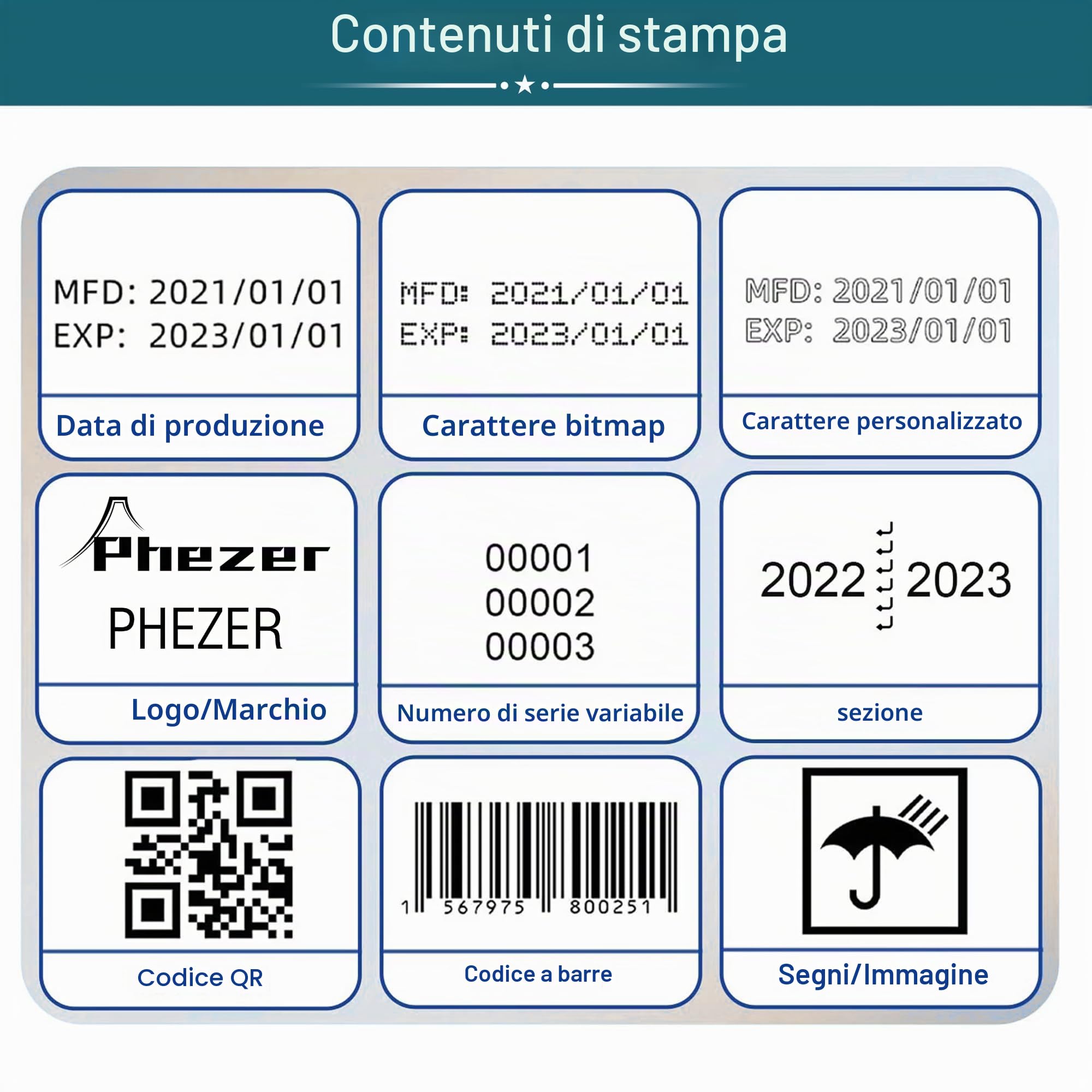 Phezer P15 stampante a getto d'inchiostro portatile per qualsiasi superficie. Ugello 0,5" per stampa QR, codice a barre, lotto, logo su vetro, plastica, cartone. Supporta 25 lingue.