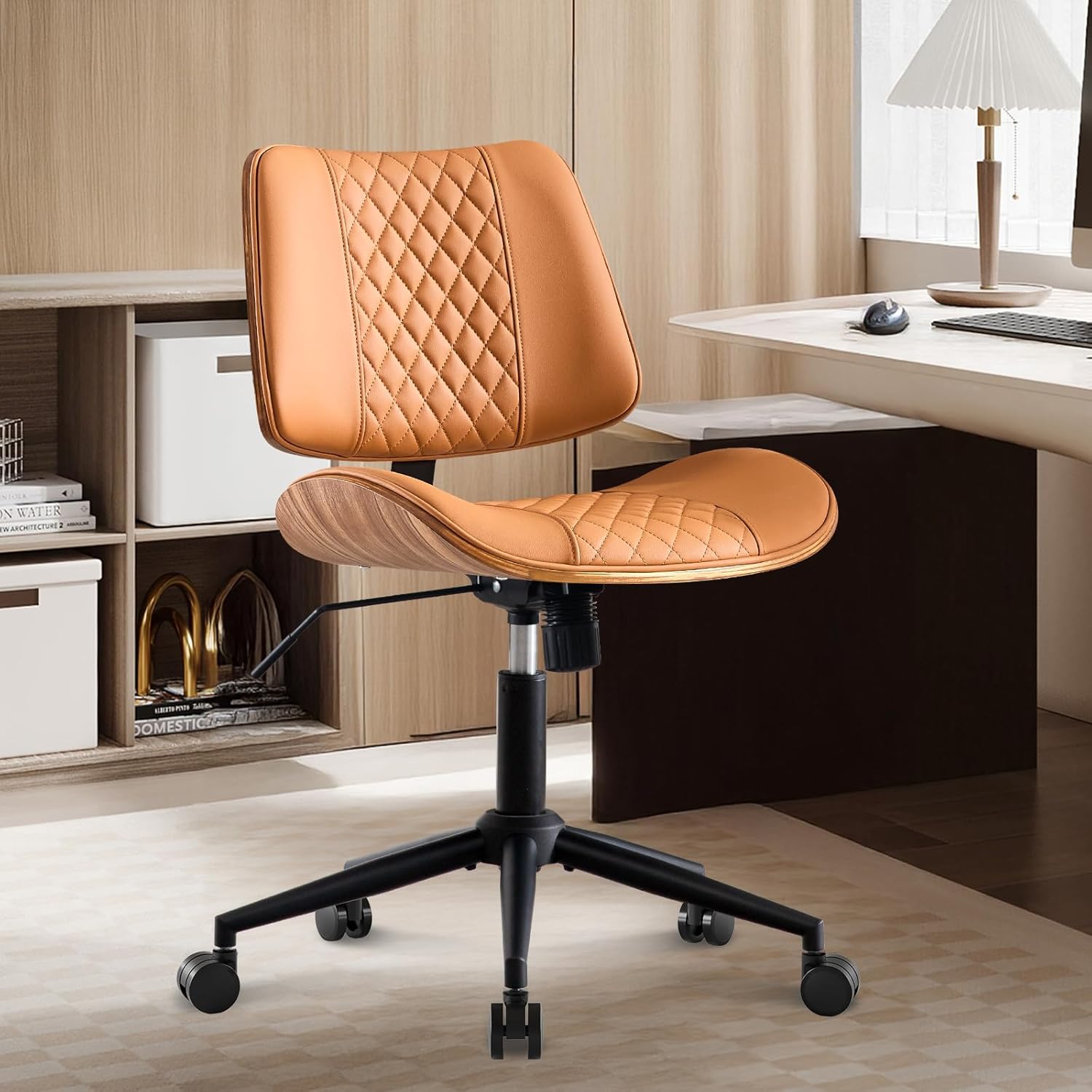BV Mid Century Office Chair, Armless Small Desk Chair with Bentwood Back and Wheels, Swivel Task Chair for Compact Spaces, Faux Leather Upholstery, No Arms Mid Back Design, Brown