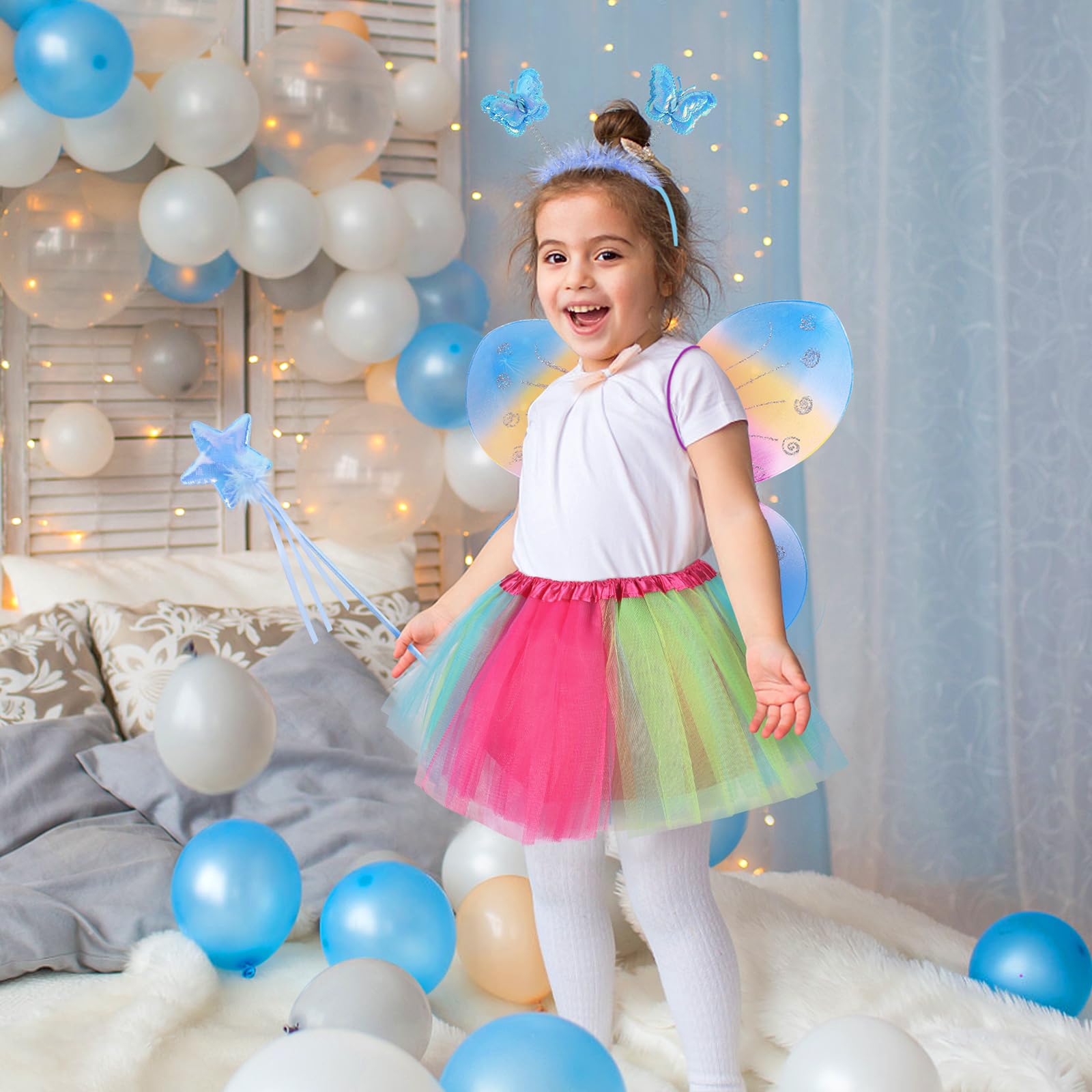 Amazon.com: Lainlight 4 Pcs Butterfly Fairy Costume for Girls Kids Princess  Cosplay Costume Set with Wings, Tutu Skirt, Wand (Rainbow) : Toys & Games