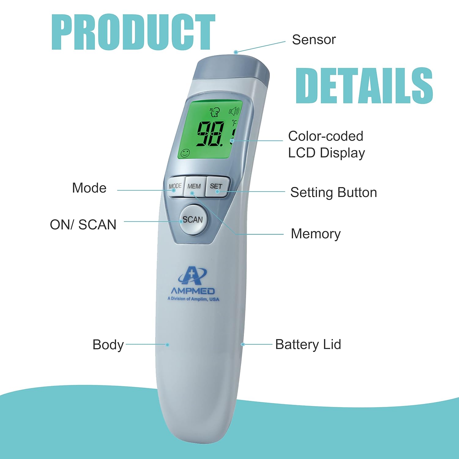 Diagrama del Amplim AMP-CA2 thermometer highlighting its sensor, color-coded LCD display, mode button, setting button, memory button, ON/SCAN button, body, and battery lid.