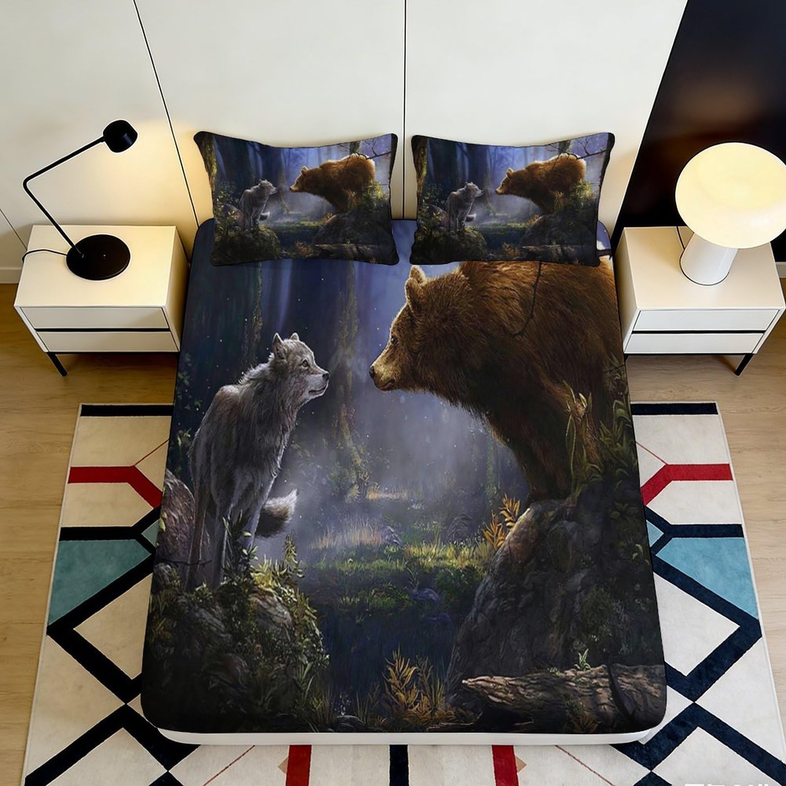 3D Printed Forest Wolf Fitted Sheet Microfiber Brown Bear Mattress Cover for Bedroom Guest Room Decor Easy Care 120x200x25cm