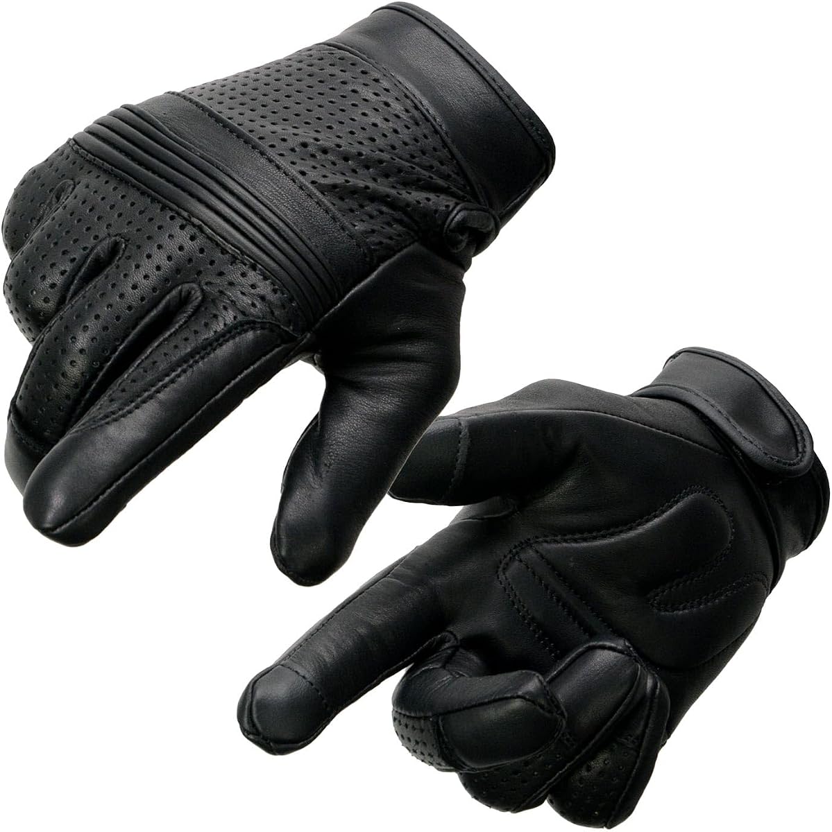 MG7516 Guantes de mano para motocicleta de cuero negro "I - Compatible con pantalla táctil" con palma de gel y nudillos flexibles