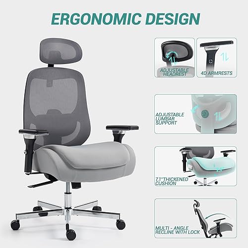 Miniatura 7 de Silla de oficina ejecutiva grande y alta, silla de escritorio ergonómica de malla cómoda con brazos 4D y asiento extra ancho, reposacabezas