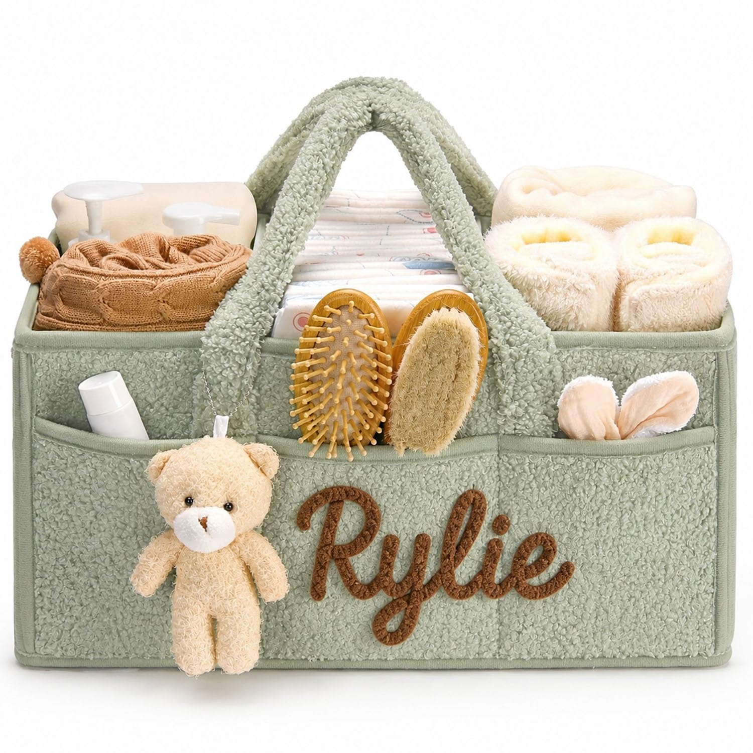 Personalized Plush Baby Diaper Caddy Organizer - Custom Name Nursery Storage Basket, Soft Portable Diaper Bin With Removable Dividers For Newborn Registry(Green)