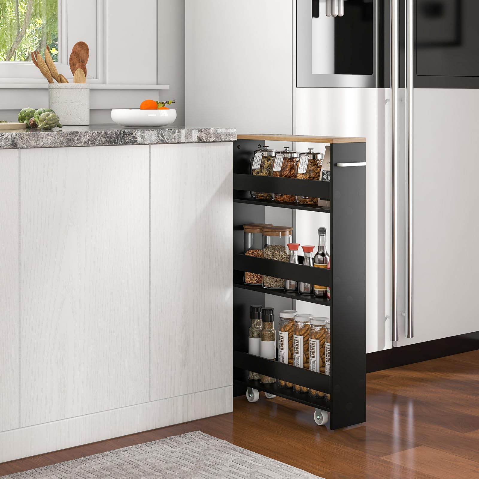 KOMFOTTEU Carrello Portaoggetti a 4 Ripiani con Ruote Rirevoli a 360°, Carrellino Scorrevole con Maniglia Slim, da Bagno, Cucina, Lavanderia, 47,5 x 13 x 80,5 cm (Nero e Naturale, Senza Presa)
