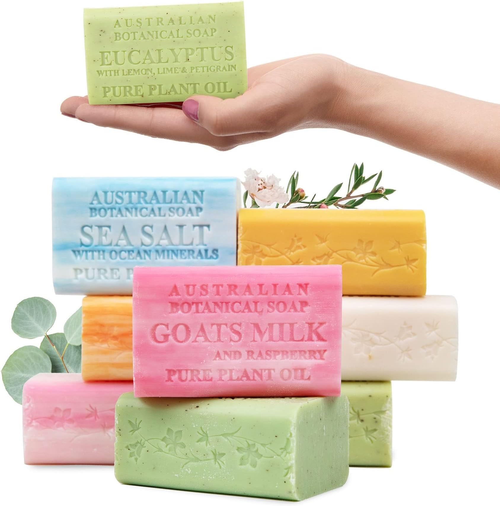 Australian Botanical Soap Variety Pack, 6.6 oz Bars – Goat Milk, Eucalyptus, Manuka Honey, Sea Salt, Pink Lychee, Lemongrass, Raspberry, Valencia Orange – Enriched with Organic Shea Butter, Pack of 8