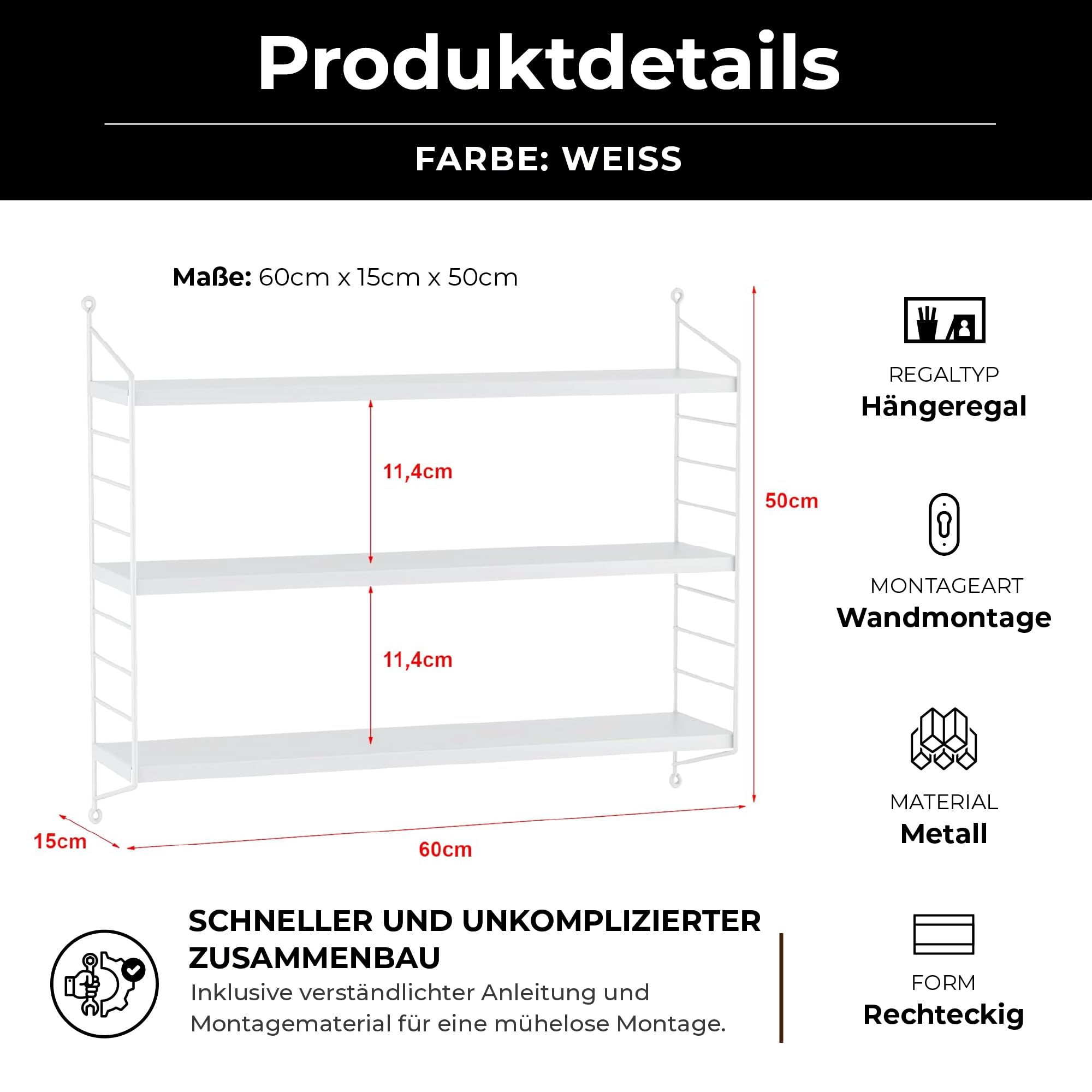 [en.casa] Modulares Wandregal Strängnäs Metallregal Weiß Hängeregal mit 3 Regalböden Badregal Küchenwandregal Wandablage Wohnzimmer