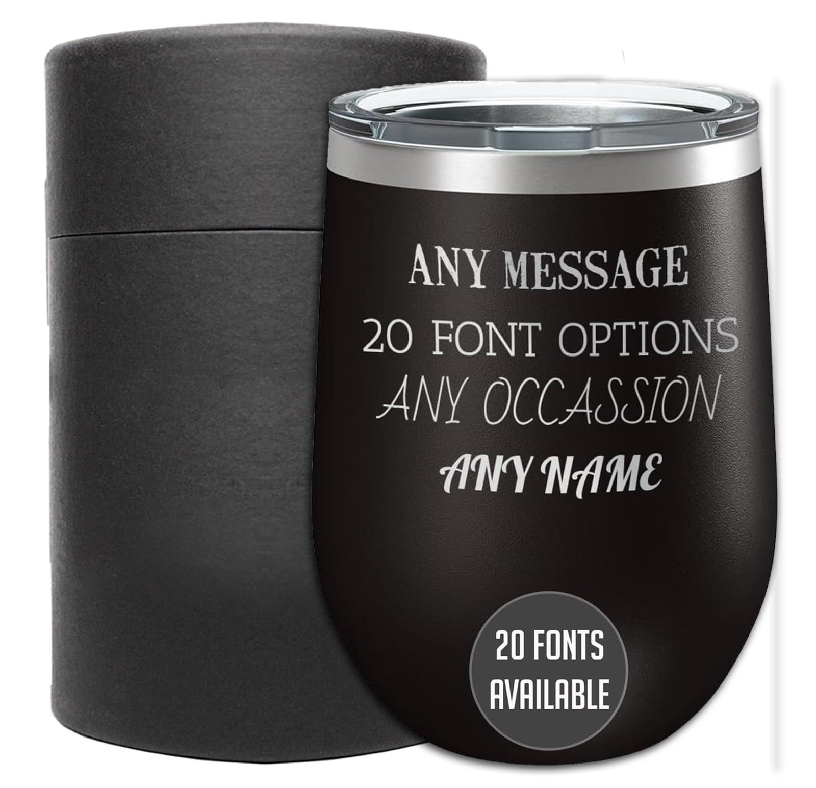 Personalized 12oz Powder Coated Stainless Steel Stemless Wine Tumbler with Lid, Custom Etched, Customized Wine Gifts for Women Her, Name Message, Your