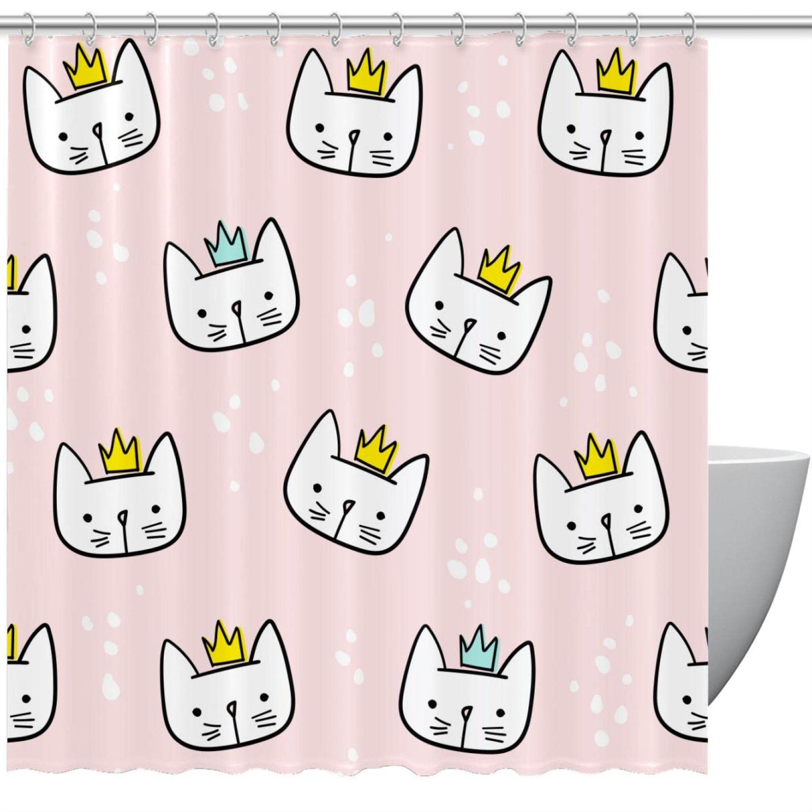 Rideau de douche chat rose 152x183 cm lavable avec 12 crochets