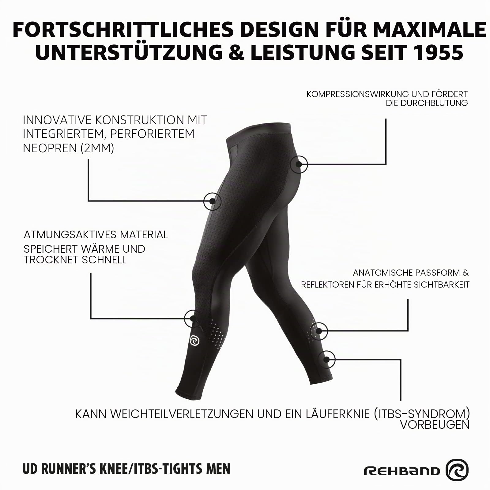 Rehband UD Runner's Knee/Thermal Zone Tights für Herren, Kompressionshose mit Wärmezonen für Laufen & Leichtathletik, verbessert Regeneration & hoher