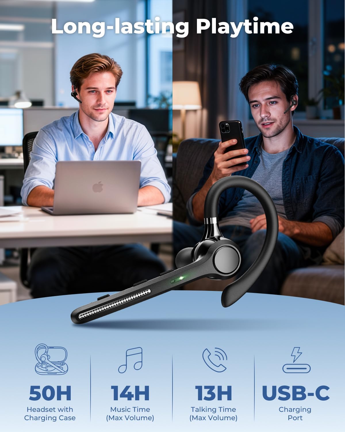 Bluetooth Headset V5.4, Bluetooth Earpiece with 500mAh Charging Case, 50H Talk Time Wireless Headset with Mic for Computer Cell Phones, Hands Free Noise Canceling Headphones for Work Trucker - Image 7