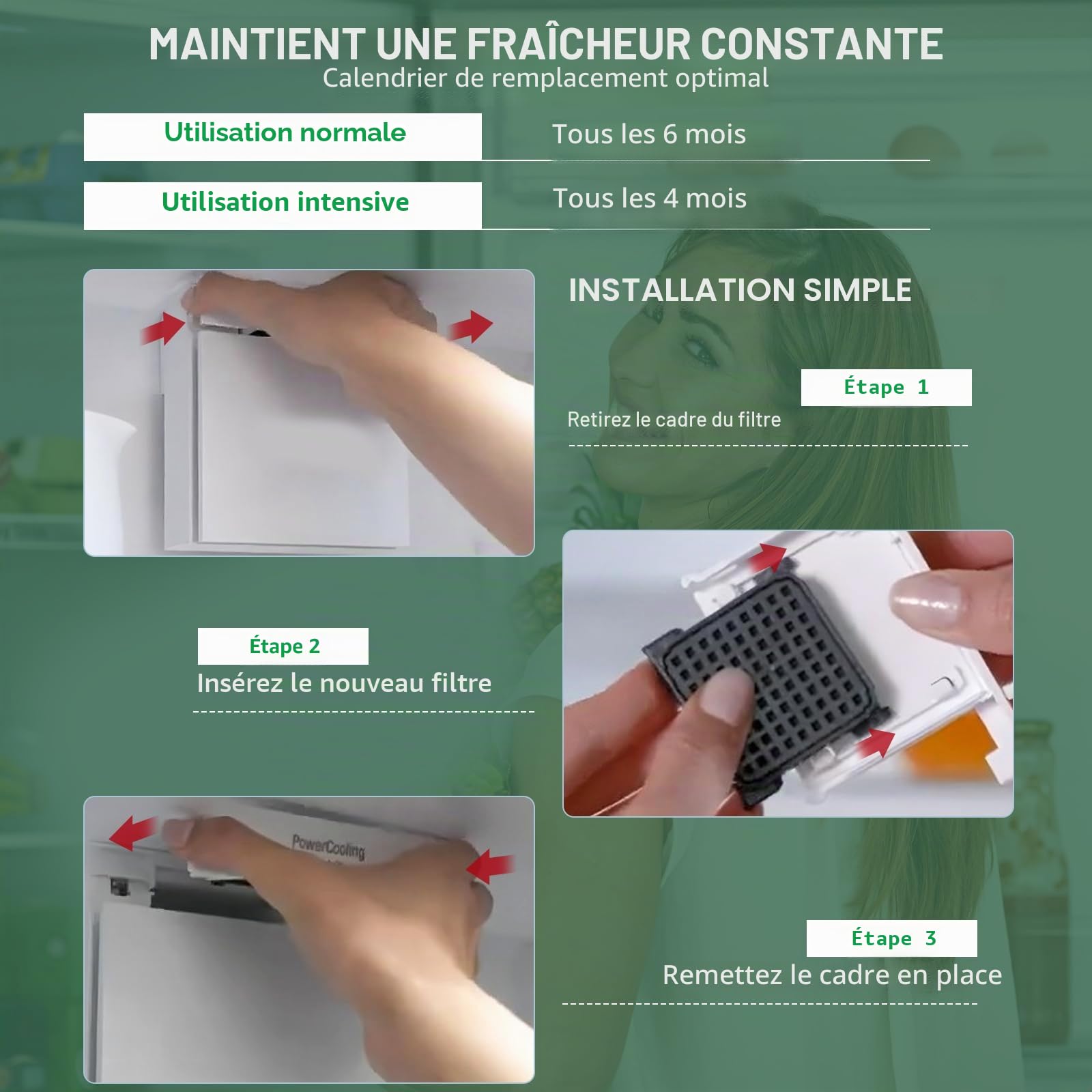 Lot de 4 filtres à charbon actif Fresh Air pour Liebherr réfrigérateur, compatibles avec 9096989, 988246000, 988246001, 9882429, 9882460, remplace 7440021-00