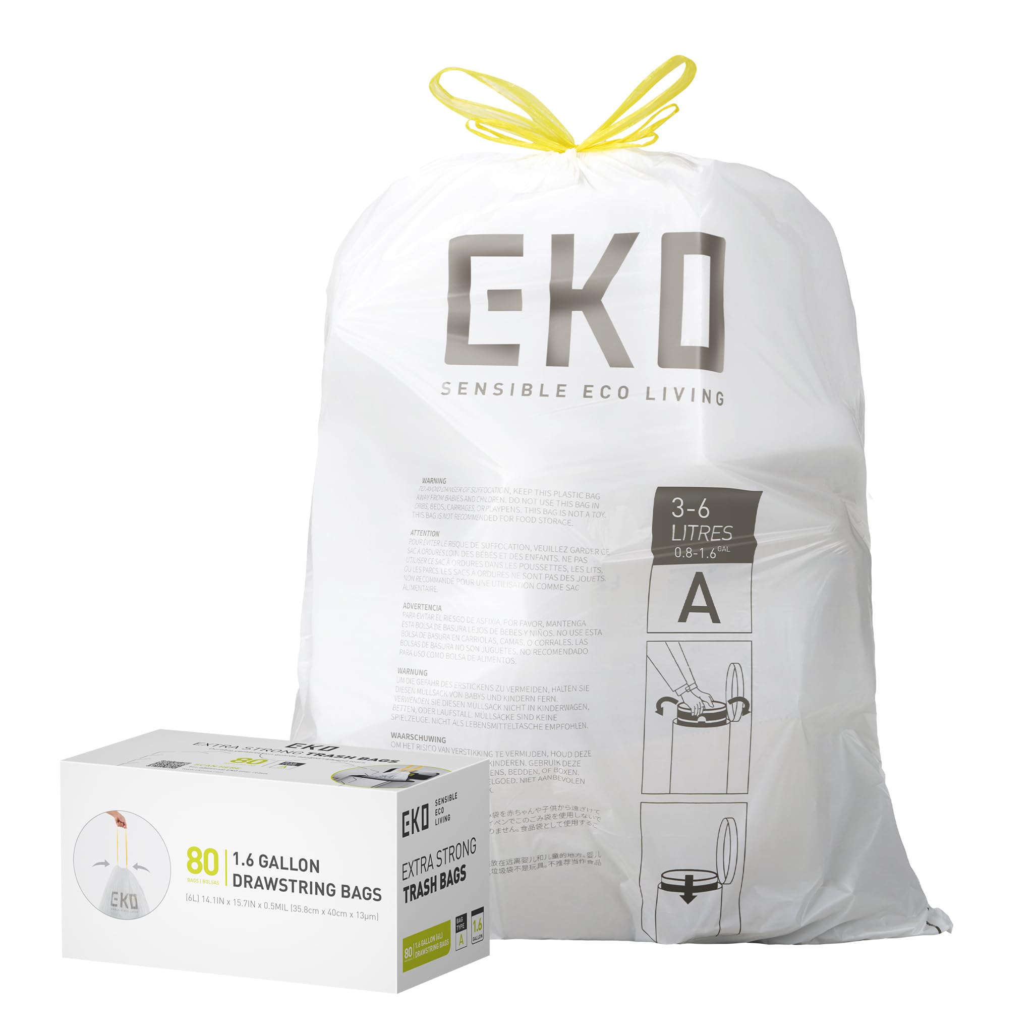 EKO Drawstring Bin Bags, Kitchen Bin Liners, 3-6 Litre, 80 Count, Code A